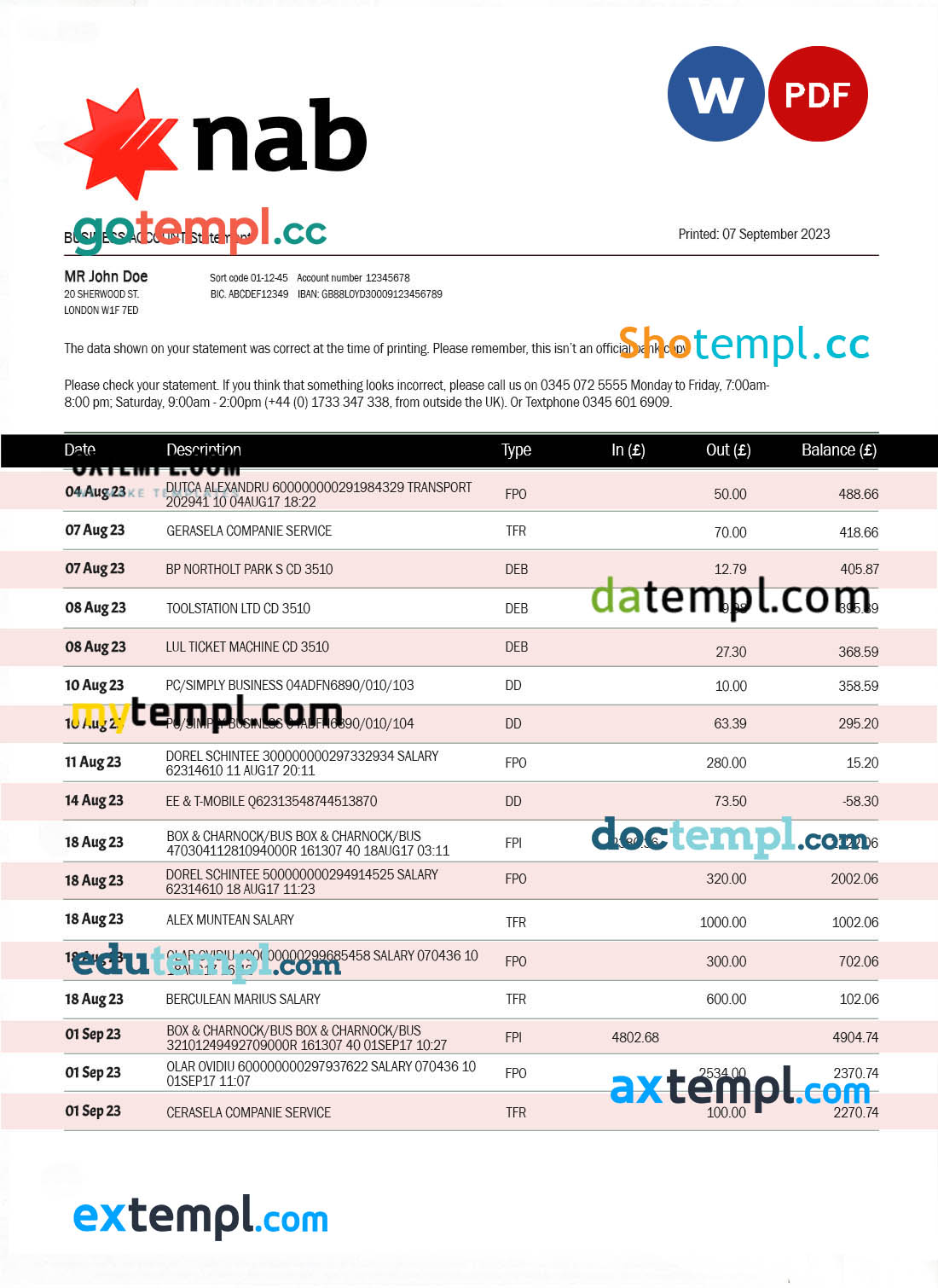 editable template, NAB Bank company account statement Word and PDF template