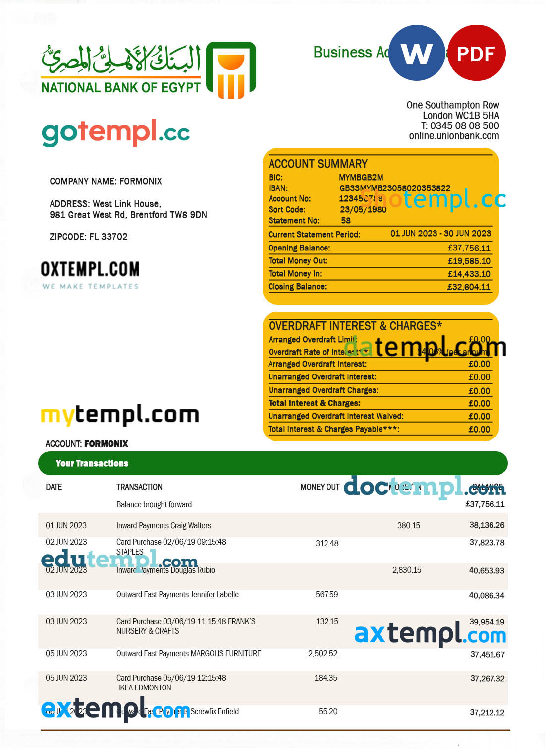 editable template, National Bank of Egypt company account statement Word and PDF template