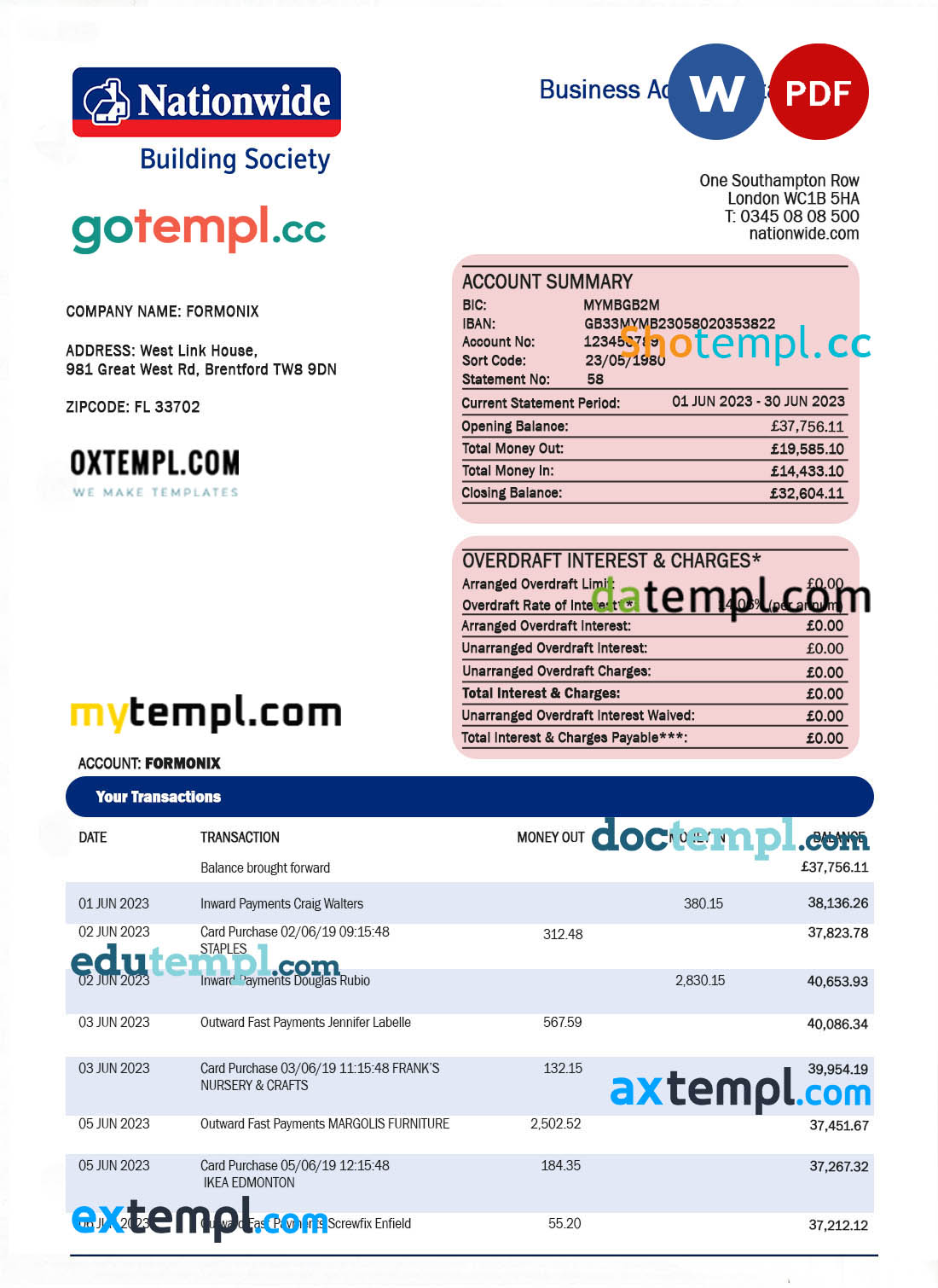 editable template, NATIONWIDE Building Society firm bank statement Word and PDF template