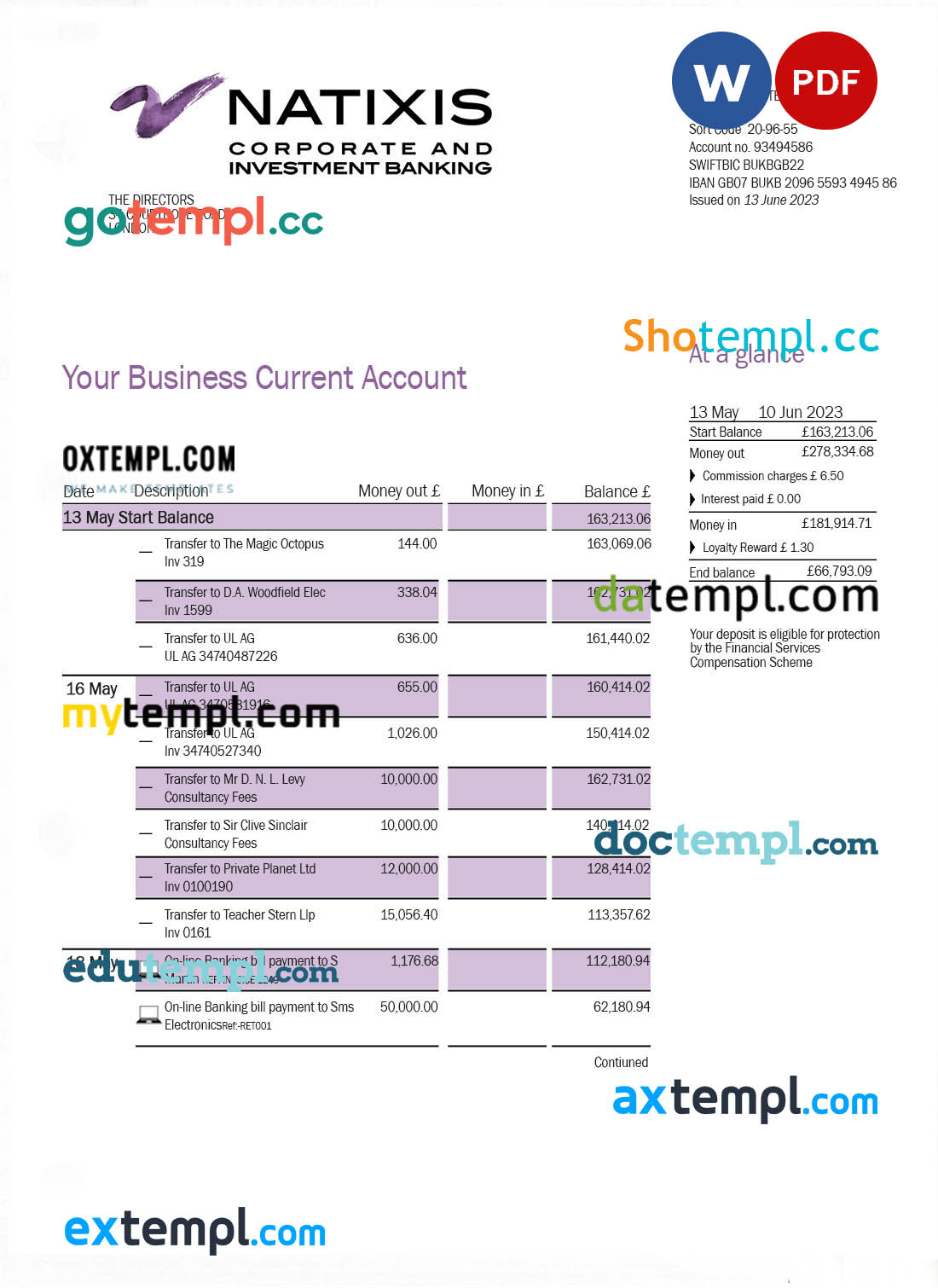 editable template, NATXIS Bank corporate checking account statement Word and PDF template