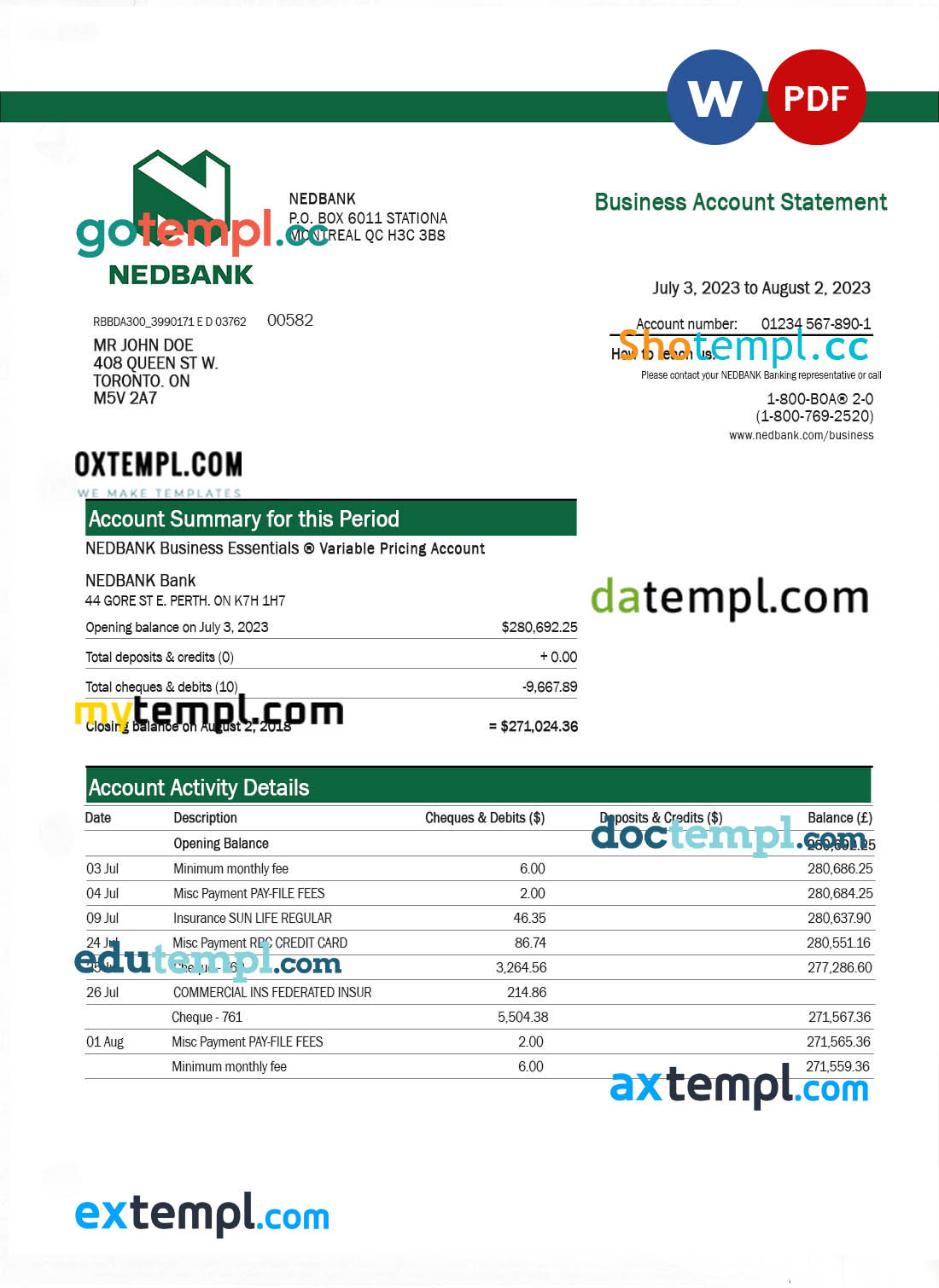 editable template, NEDBANK firm statement Word and PDF template