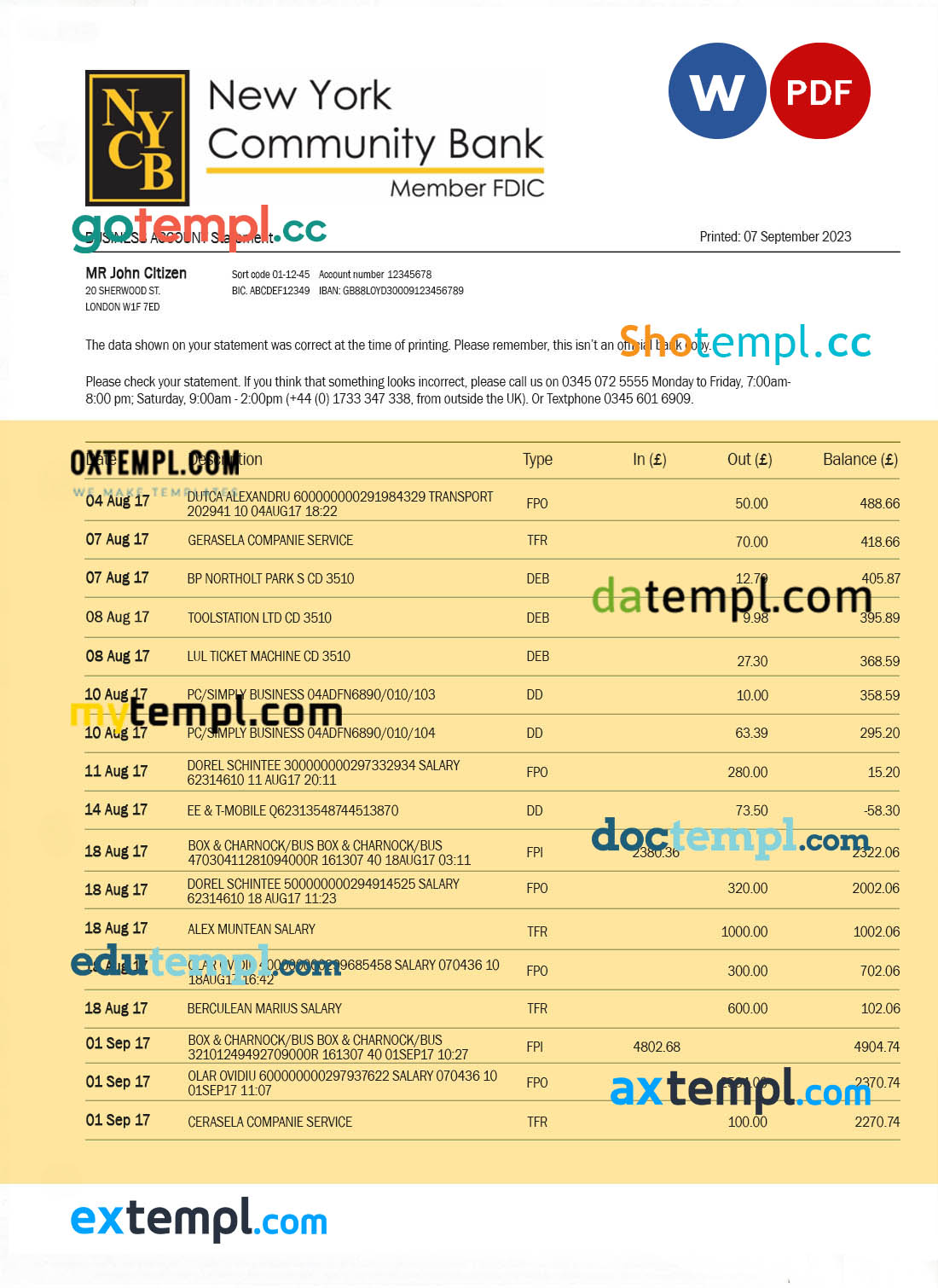 editable template, New York Community Bancorp enterprise account statement Word and PDF template