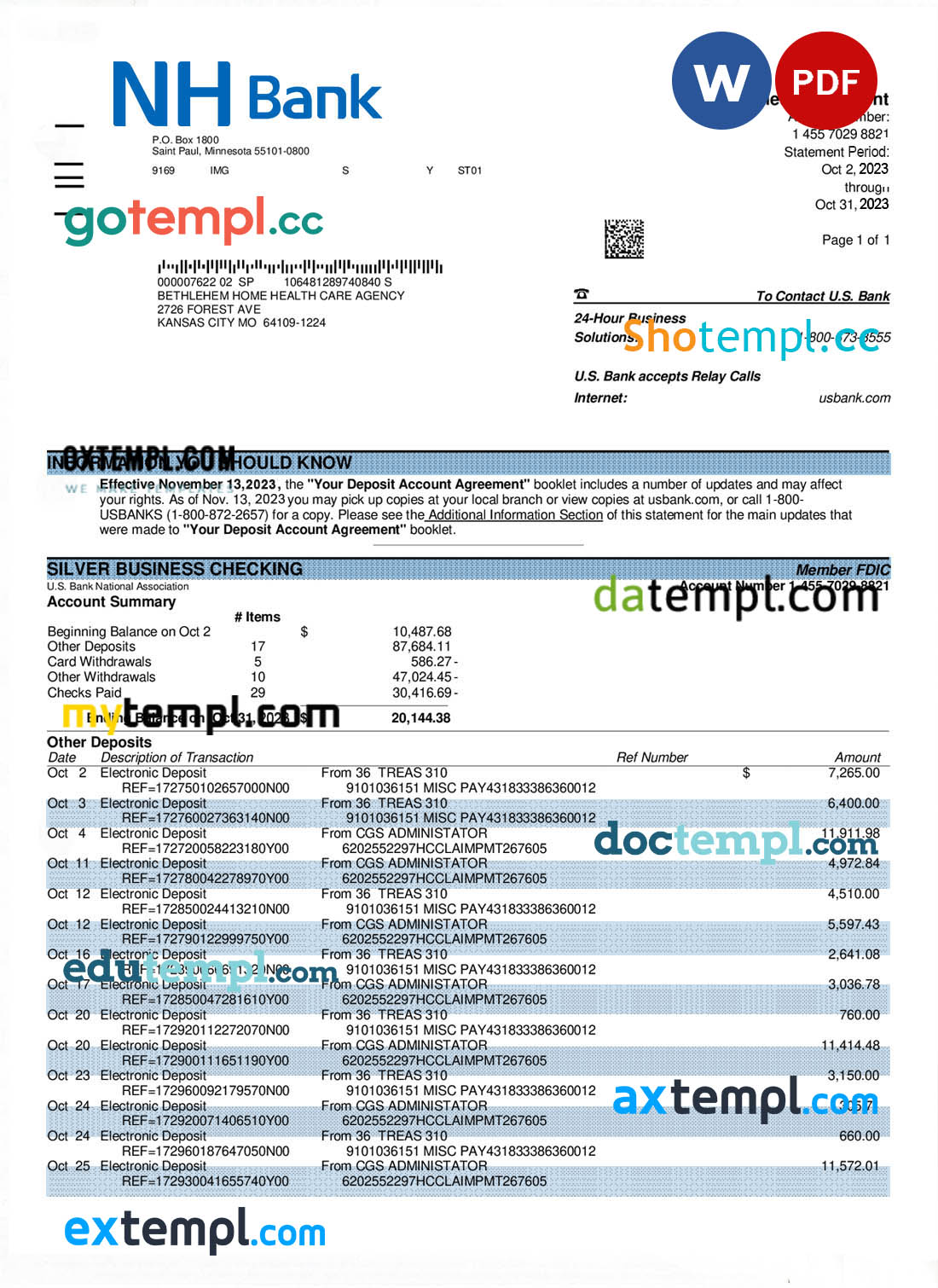 editable template, NH Bank firm account statement Word and PDF template