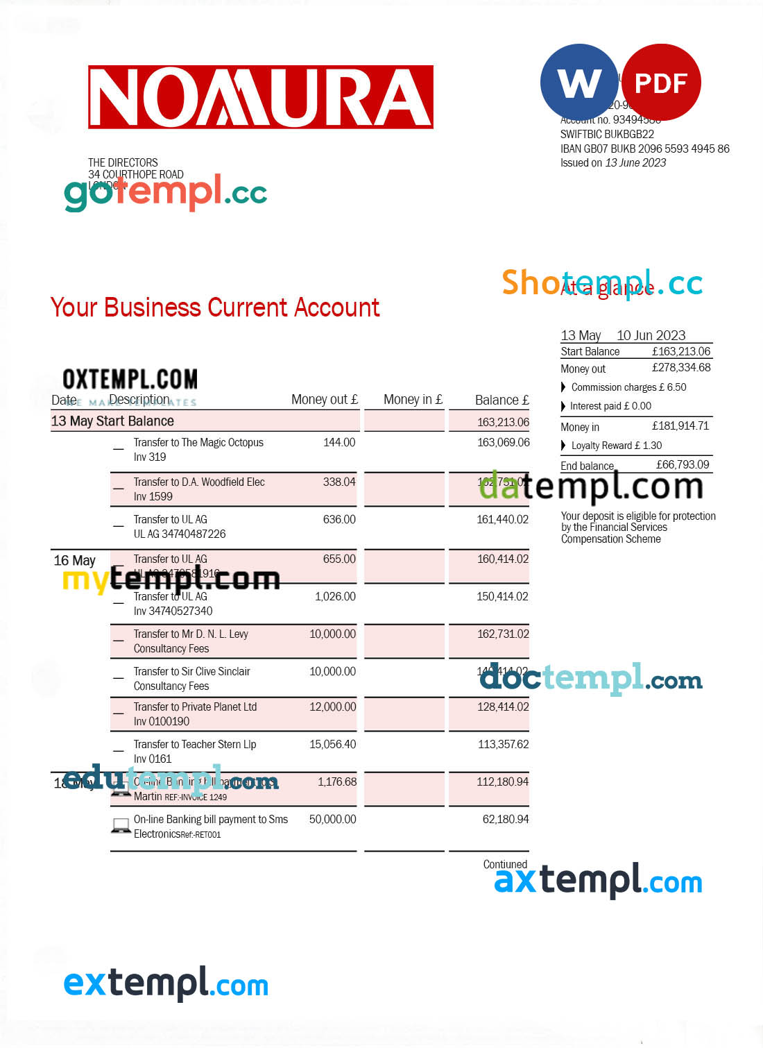 editable template, NOMURA Bank business statement Word and PDF template
