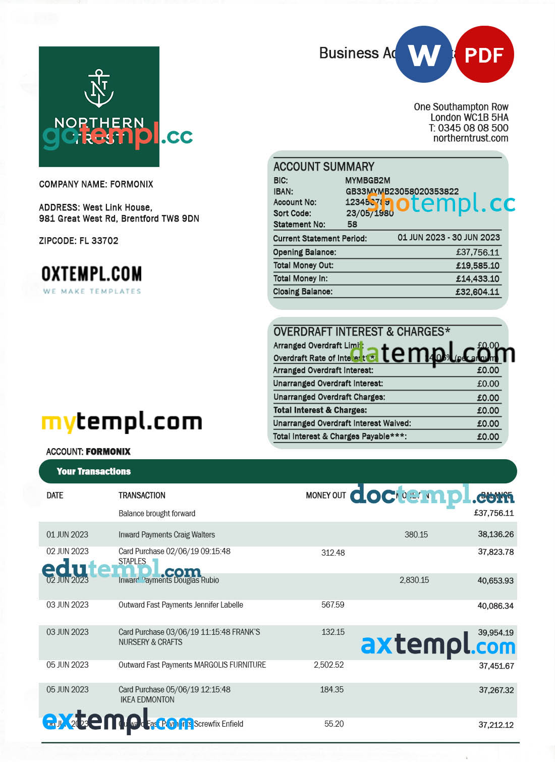 editable template, NORTHERN Trust Bank firm statement Word and PDF template