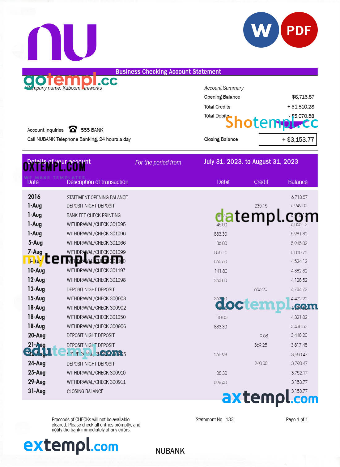 editable template, NUBANK corporate checking account statement Word and PDF template