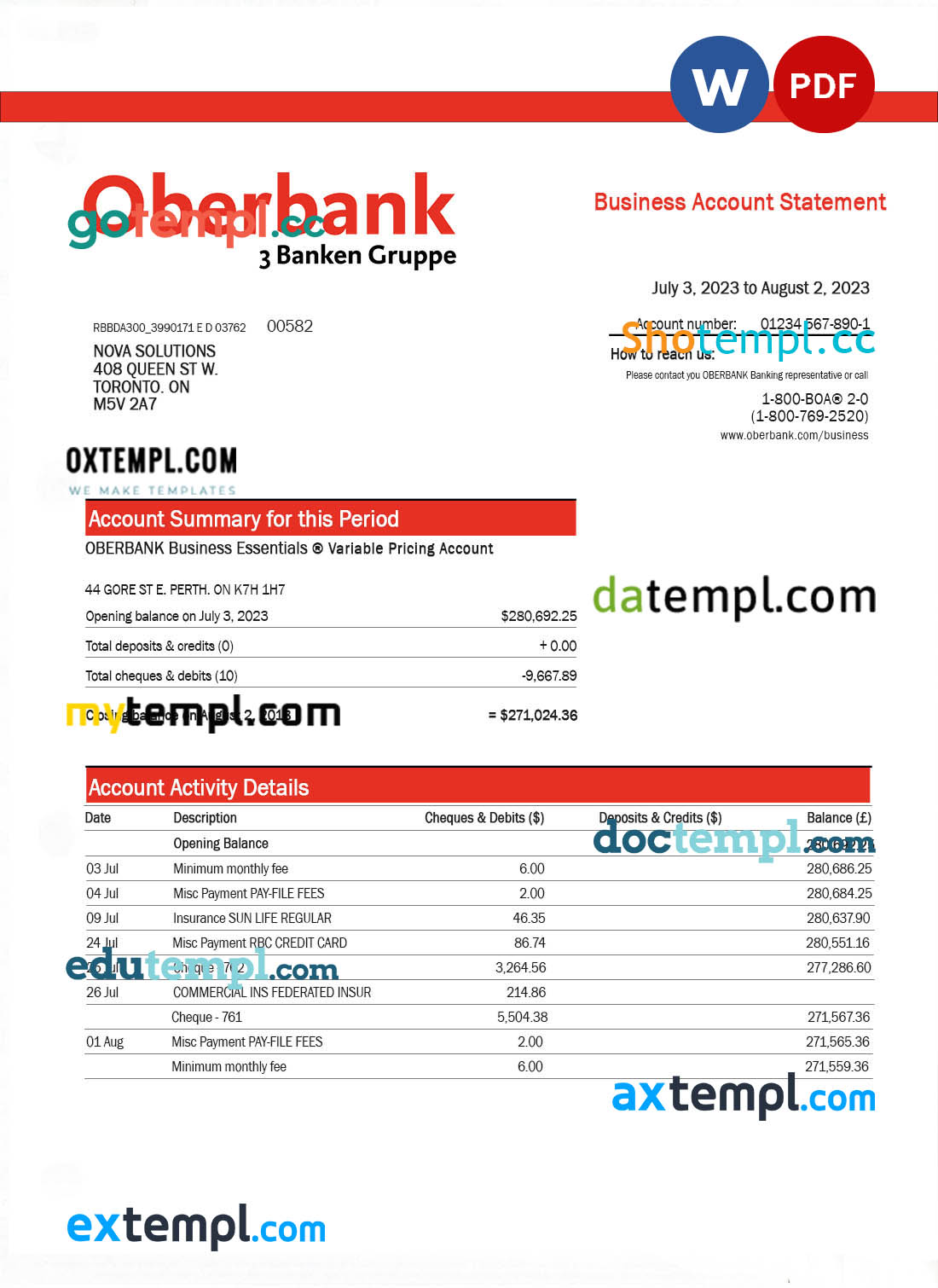 editable template, Oberbank company checking account statement Word and PDF template