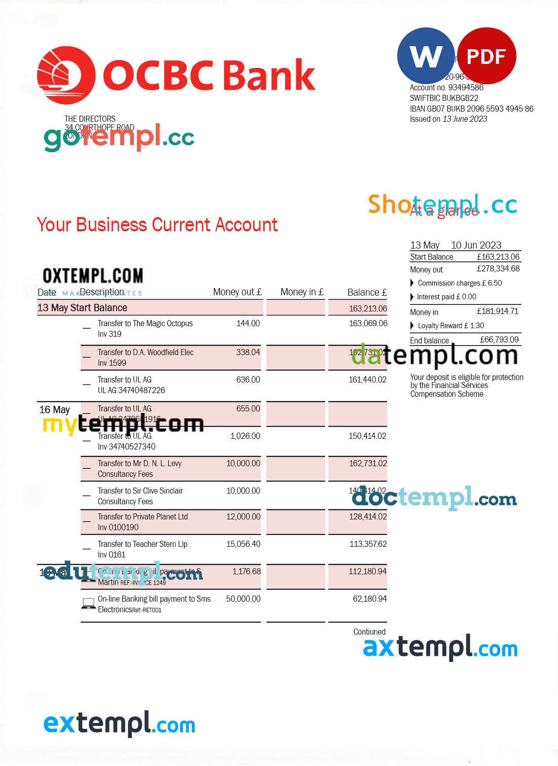 editable template, OCBC Bank enterprise account statement Word and PDF template