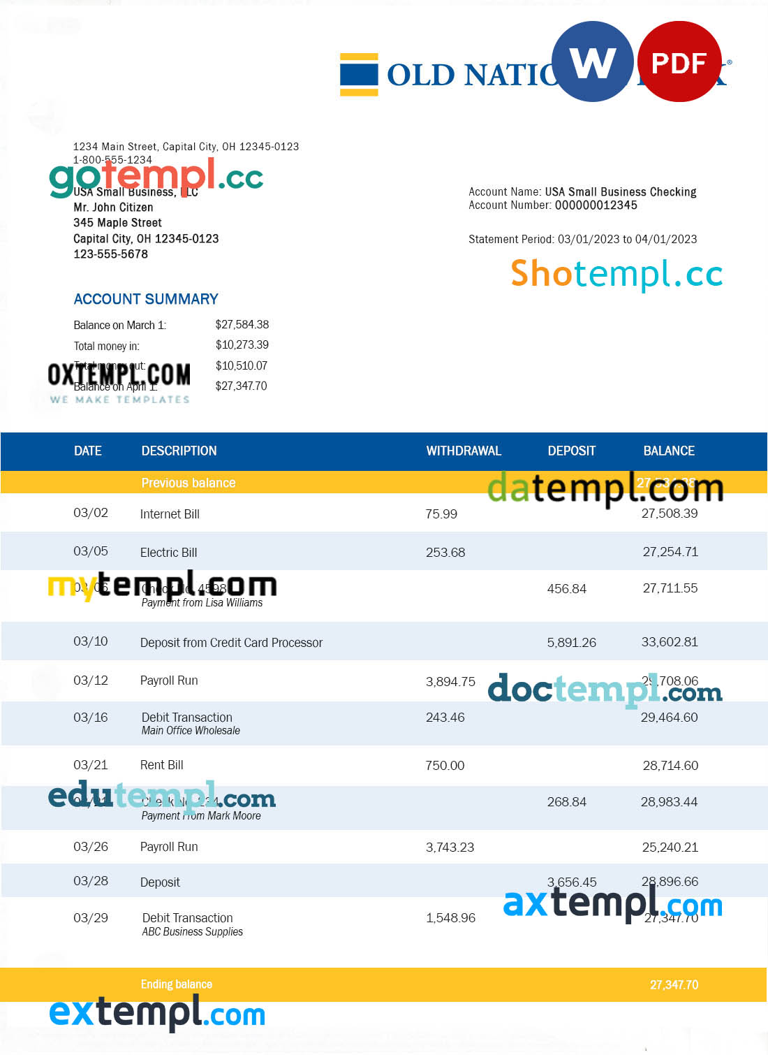 editable template, OLD National Bank organization account statement Word and PDF template