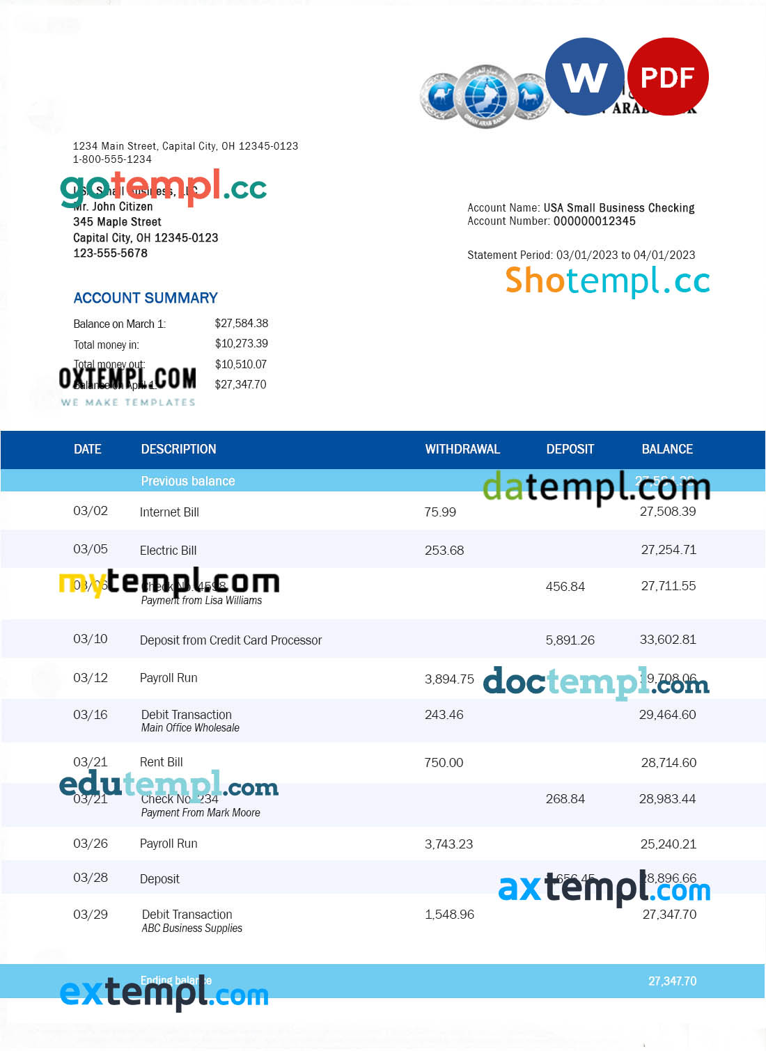 editable template, Oman Arab Bank company checking account statement Word and PDF template