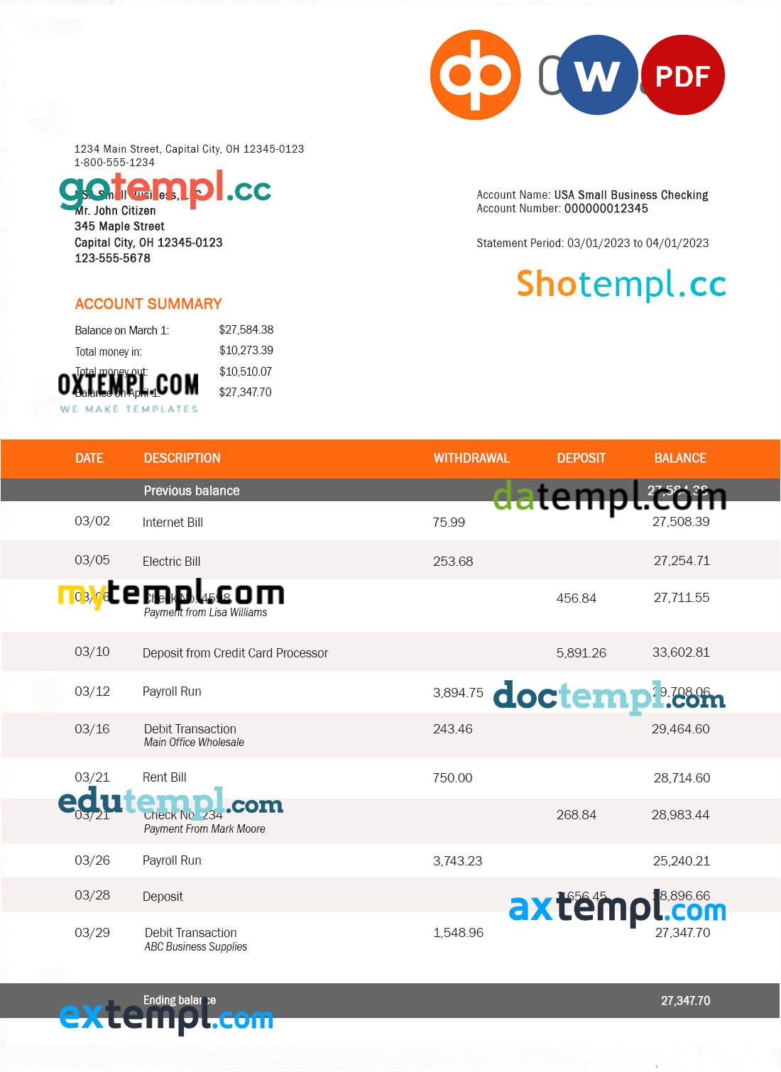 editable template, OP Bank company account statement Word and PDF template