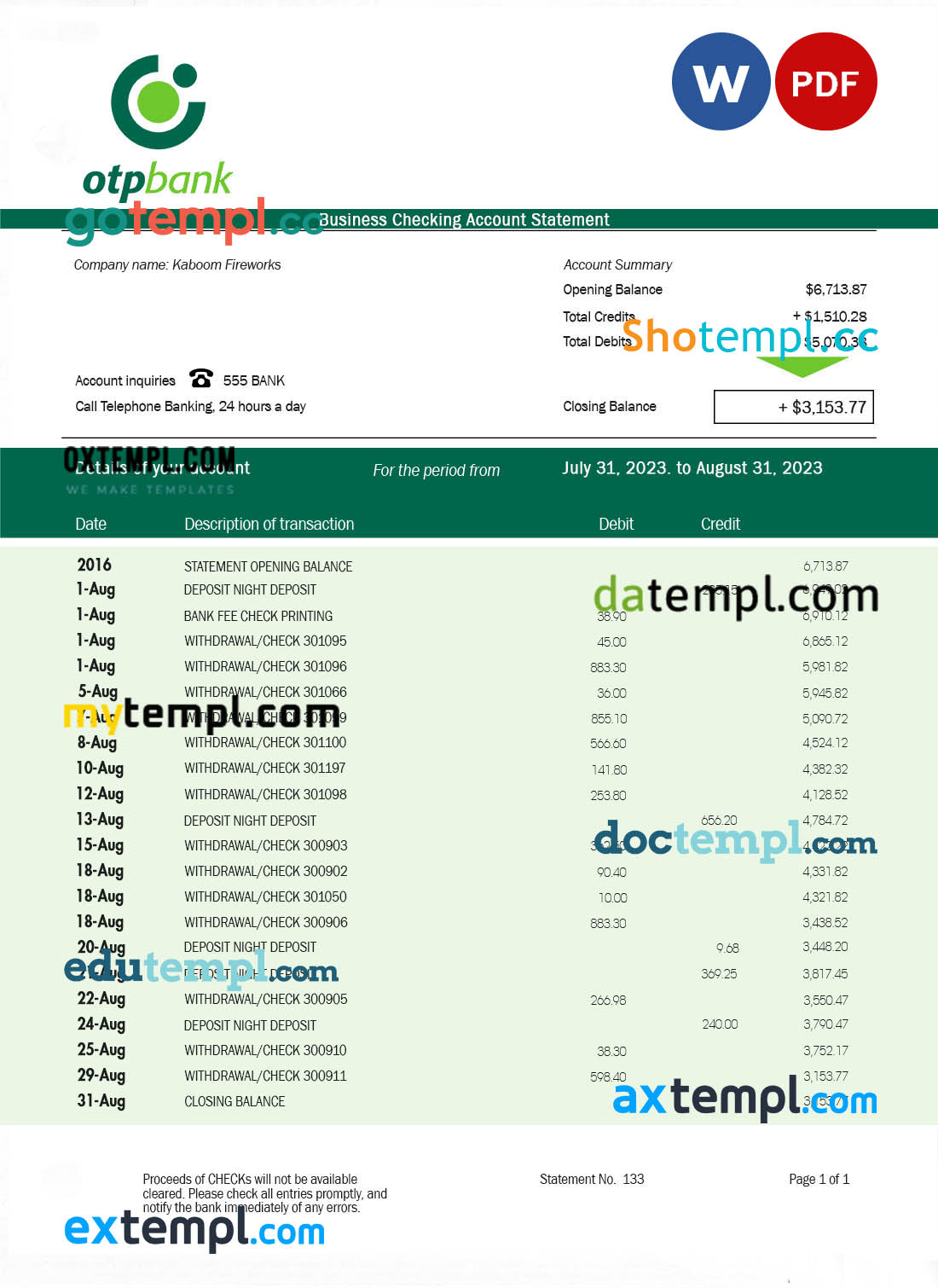 editable template, OTP Bank firm statement Word and PDF template