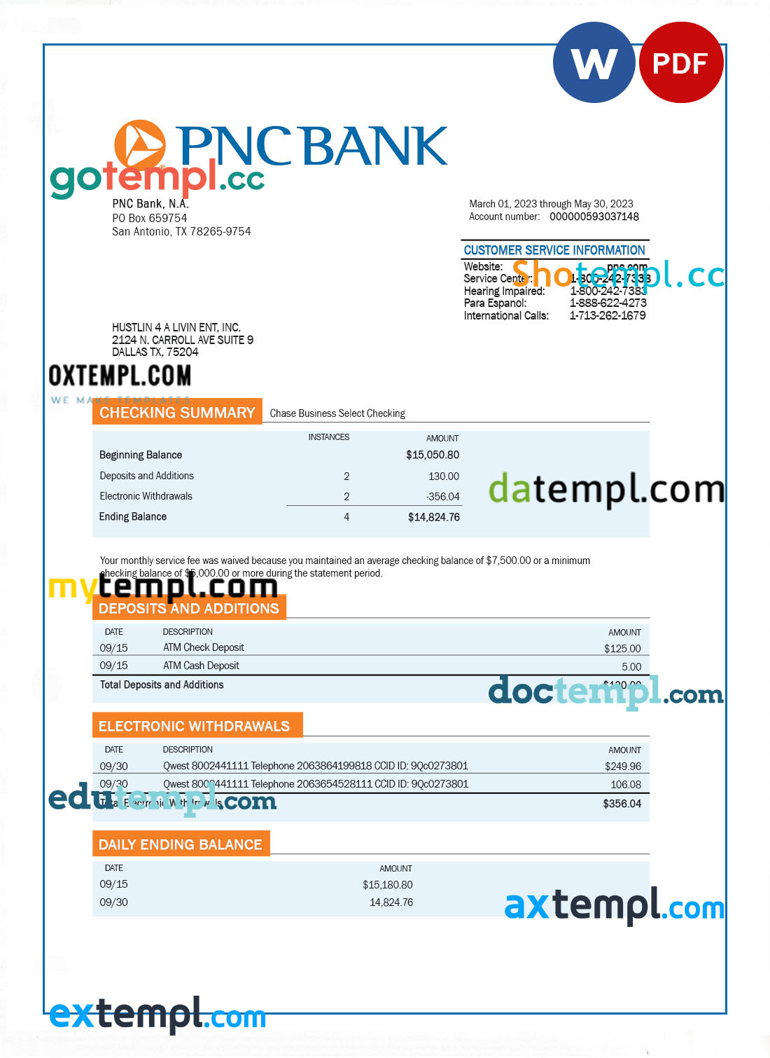 editable template, PNC Bank firm checking account statement Word and PDF template