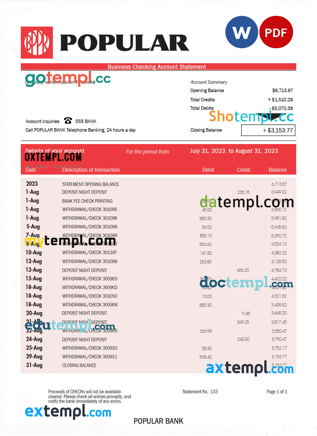 editable template, Popular Bank firm account statement Word and PDF template