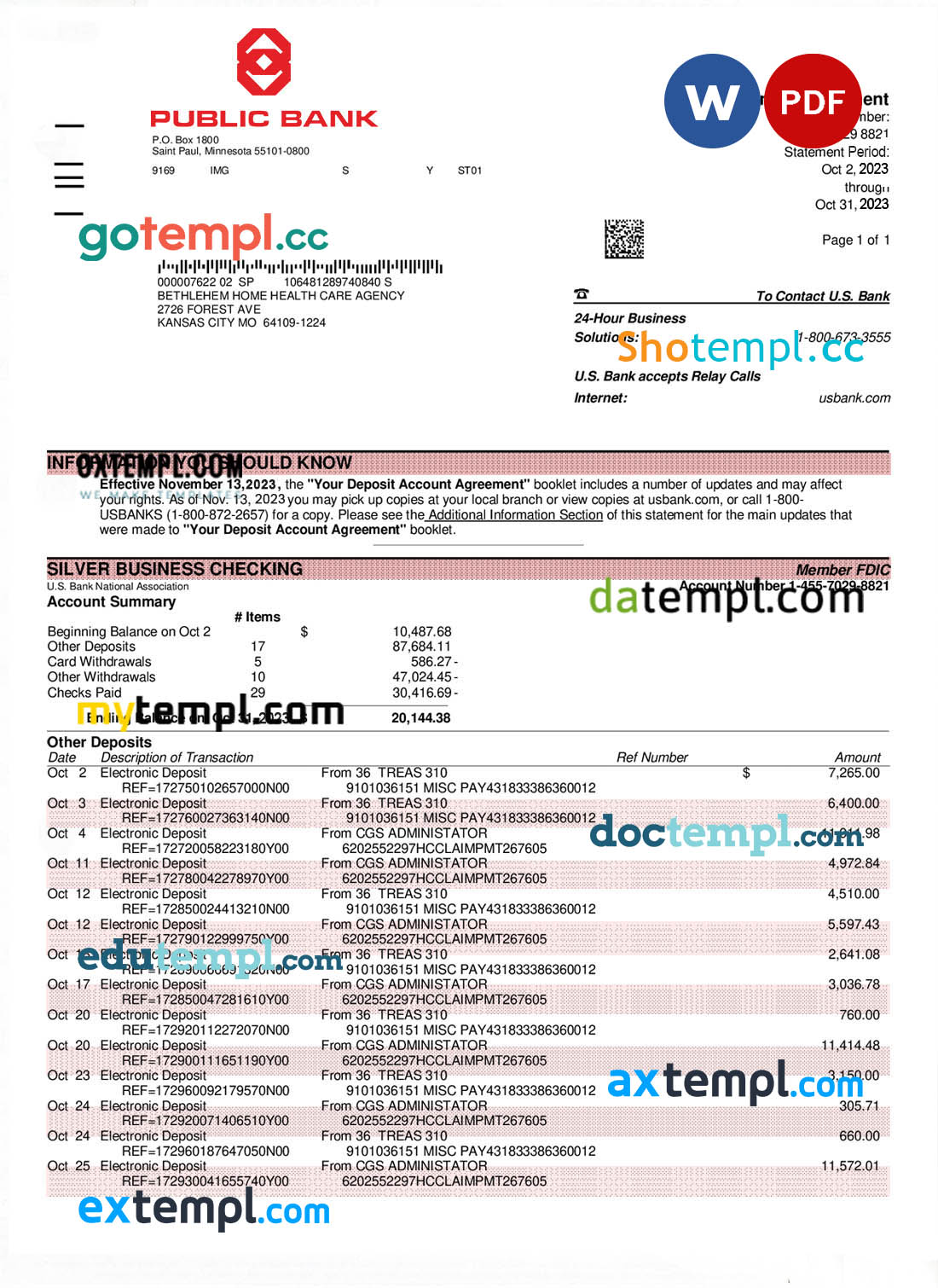 editable template, PUBLIC Bank company checking account statement Word and PDF template