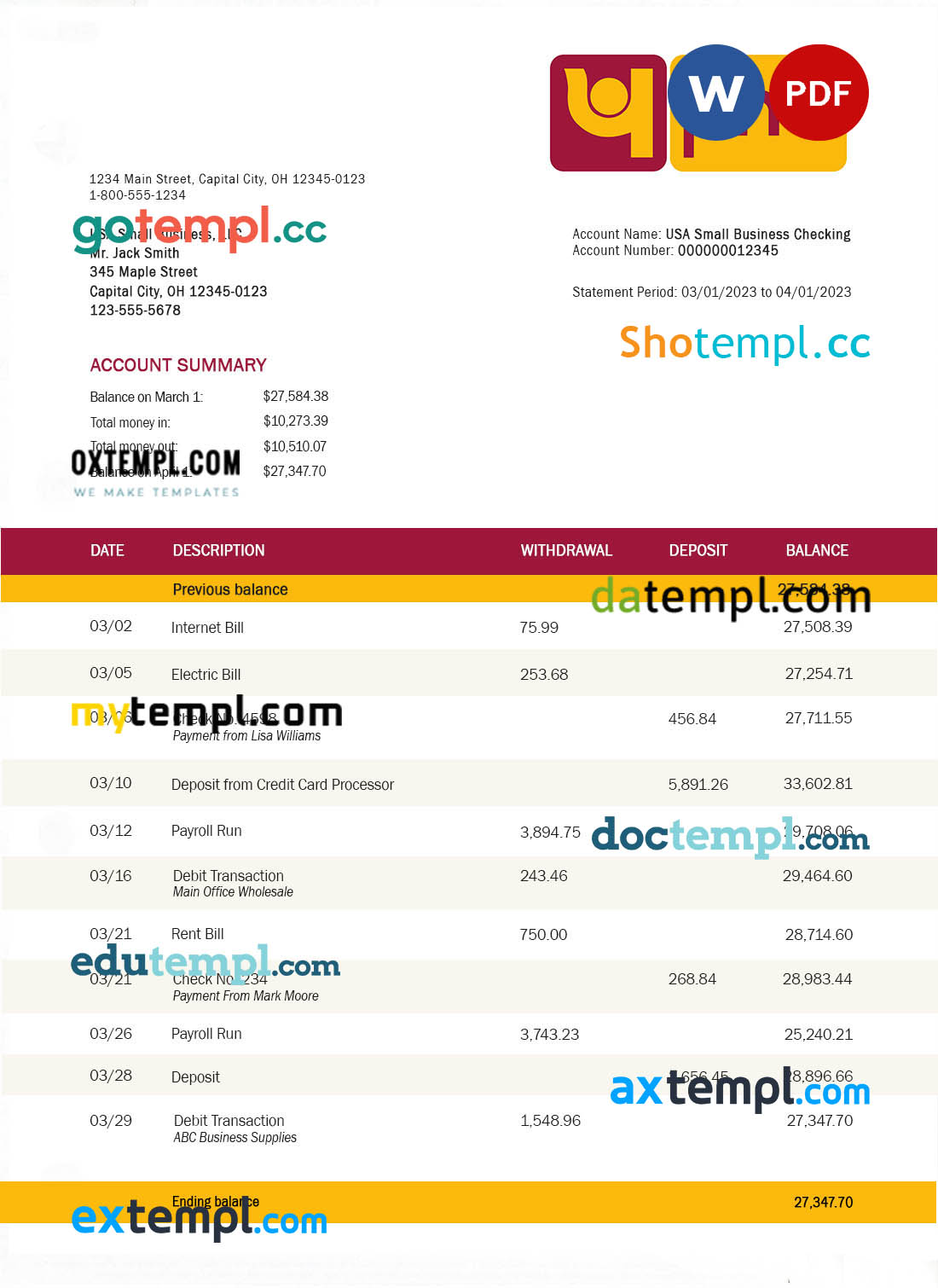 editable template, PUNJAB National Bank business statement Word and PDF template