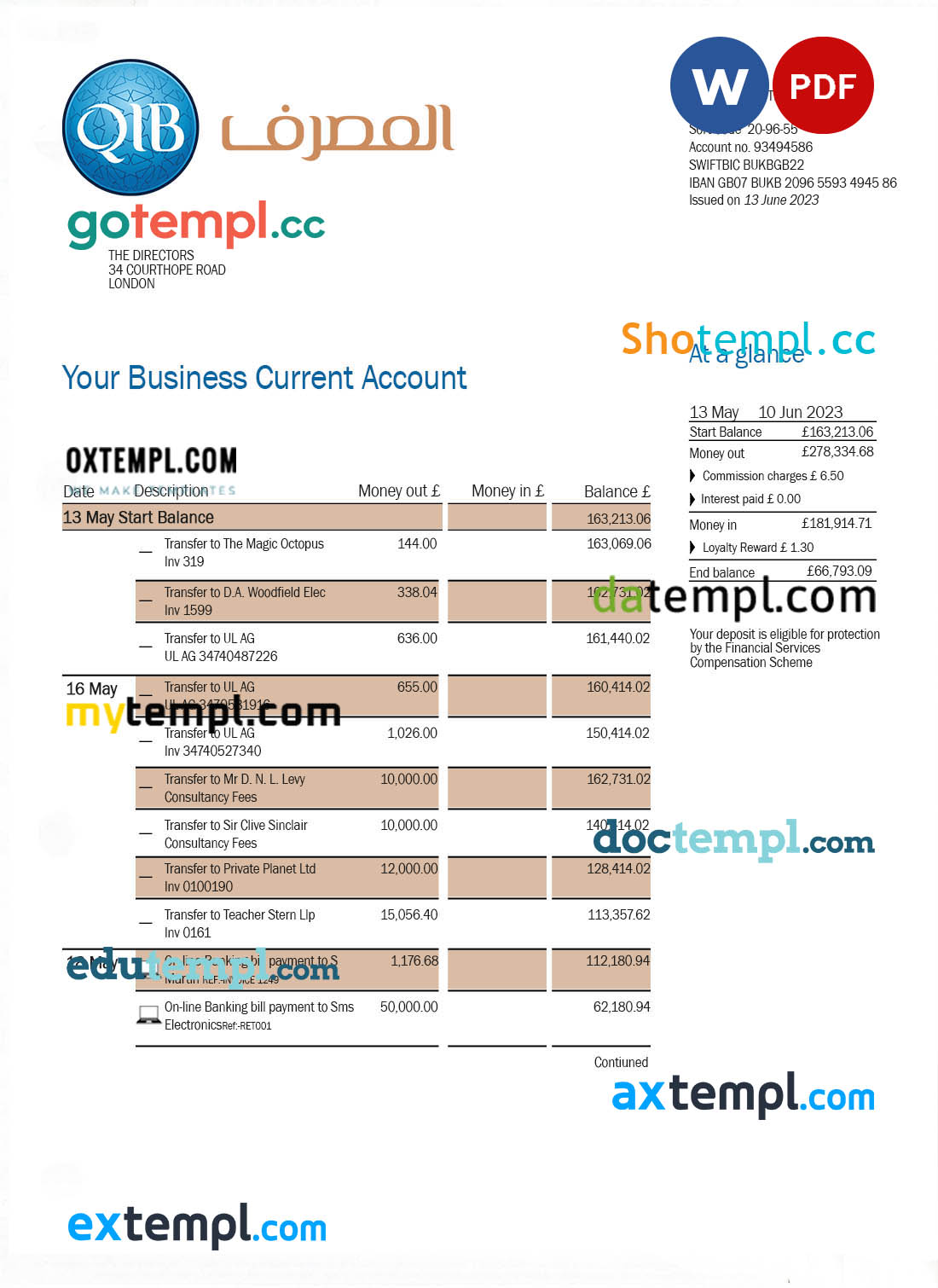 editable template, QATAR Islamic Bank business statement Word and PDF template
