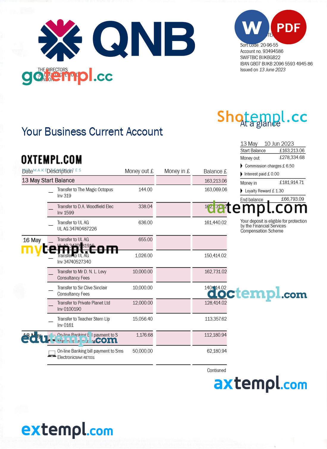 editable template, QNB Bank company account statement Word and PDF template