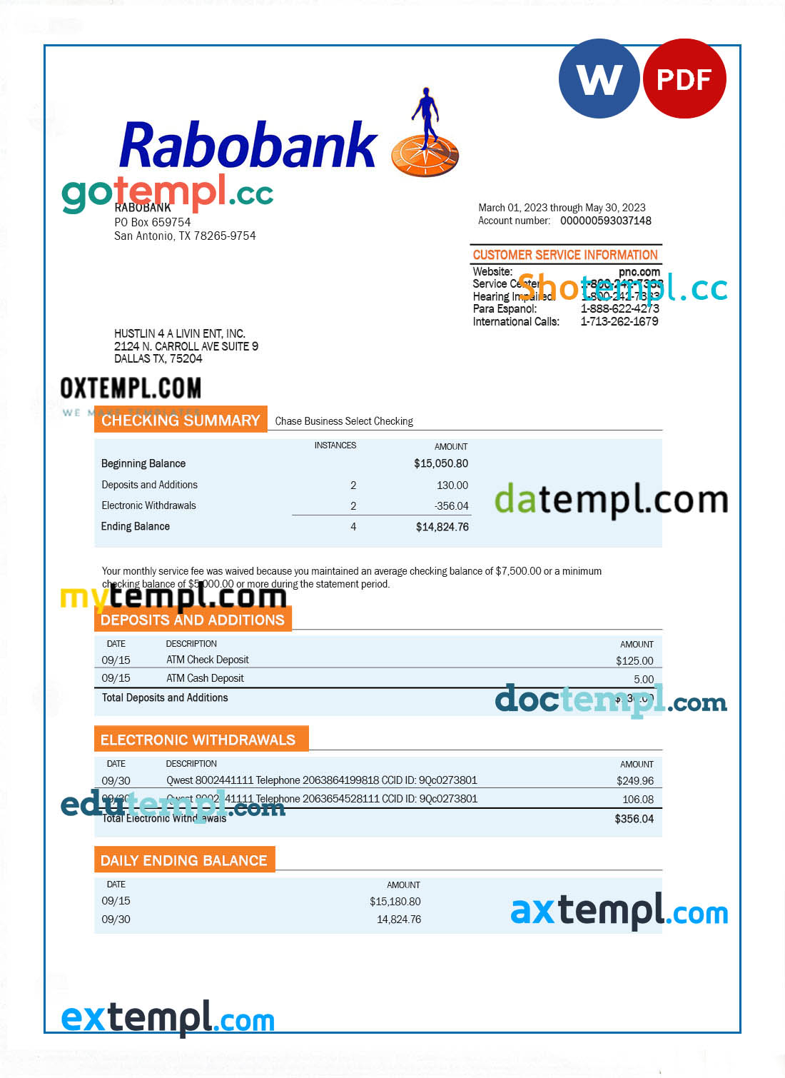 editable template, RABOBANK bank organization account statement Word and PDF template