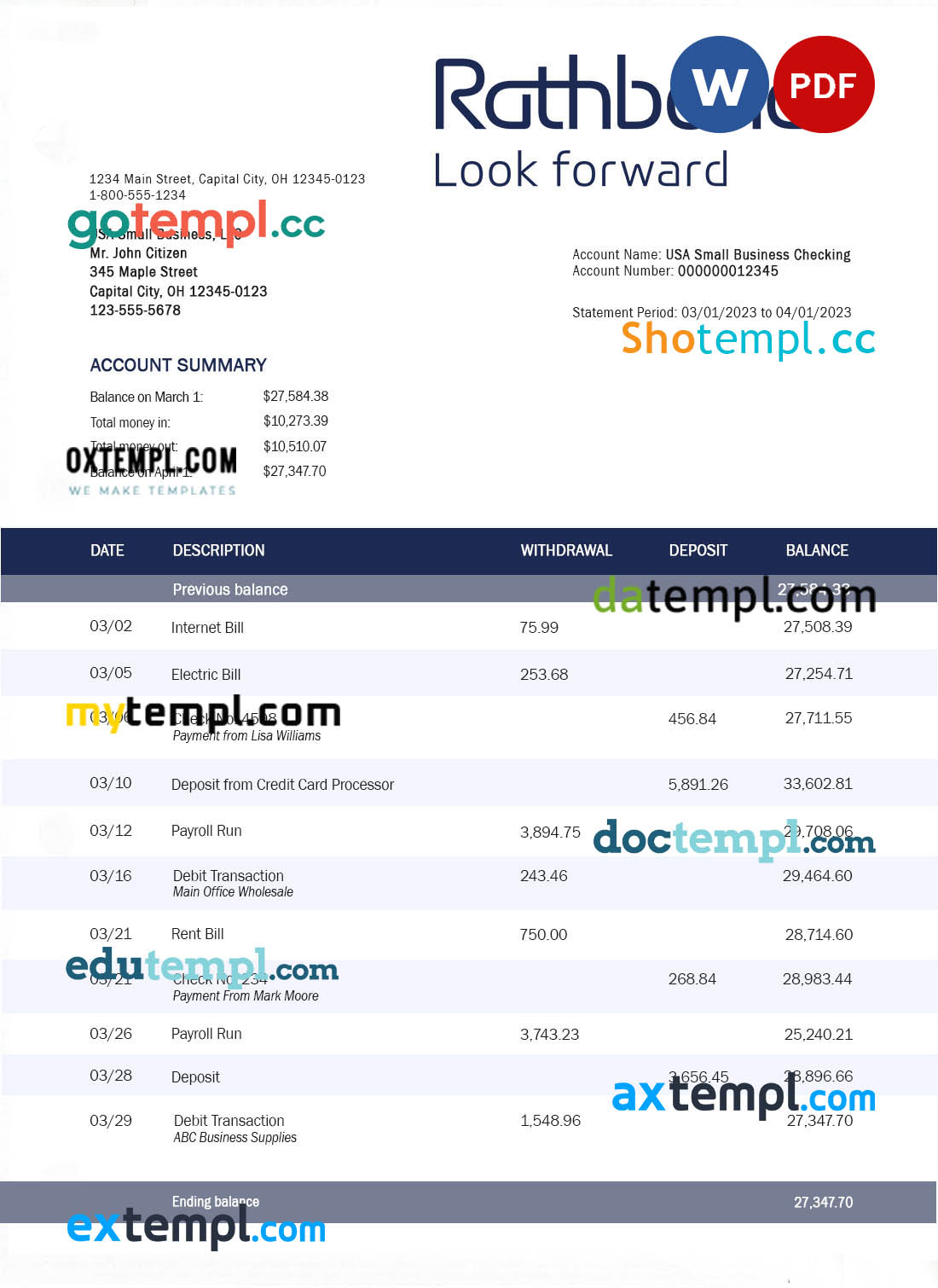 editable template, Rathbones Bank company account statement Word and PDF template