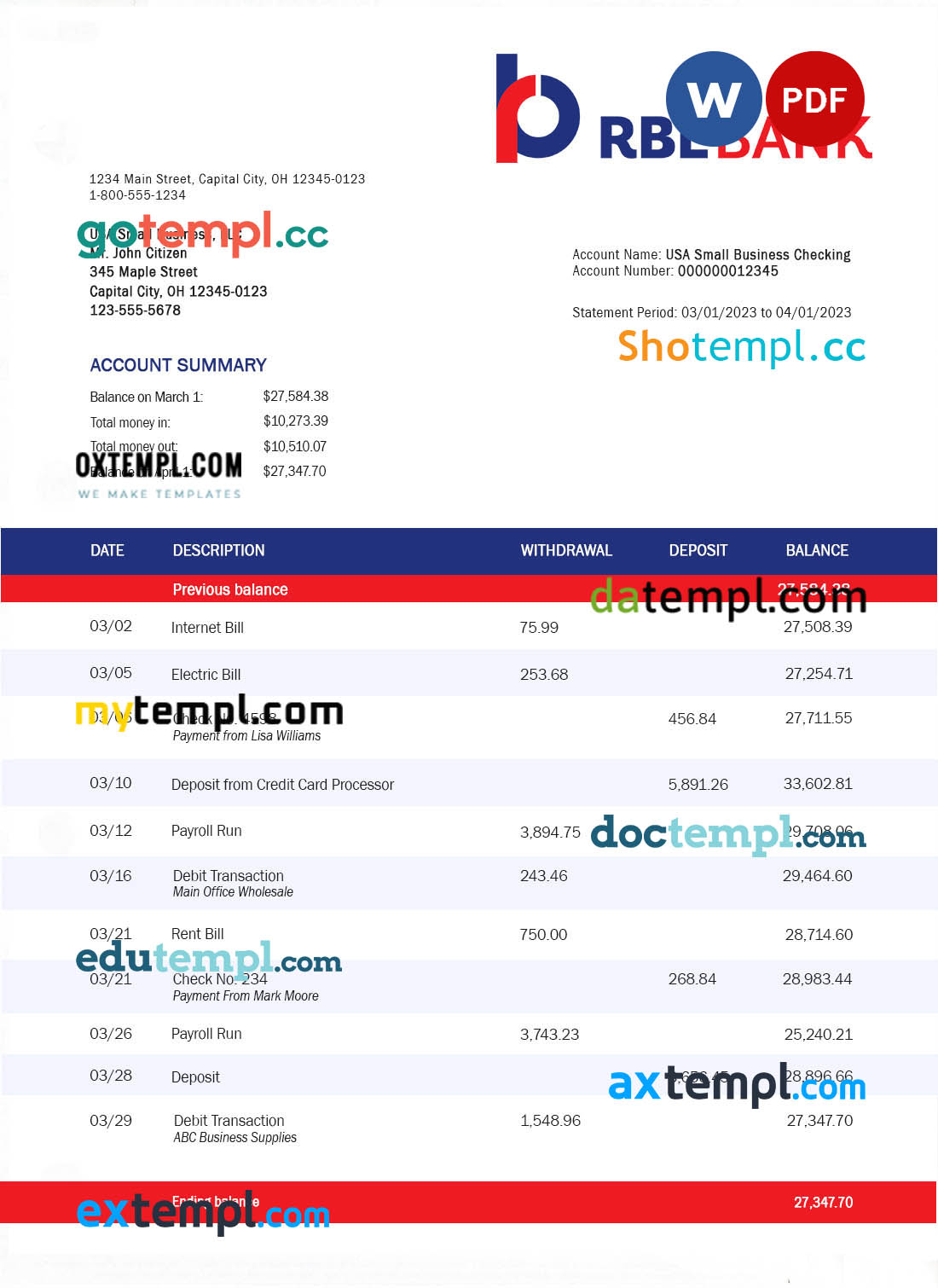 editable template, RBL Bank enterprise account statement Word and PDF template