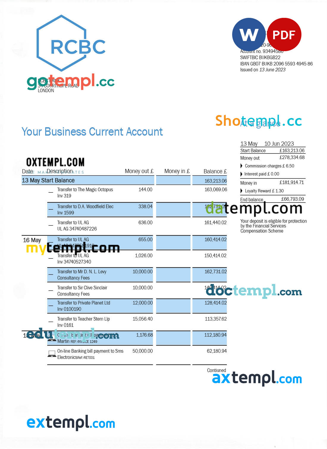 editable template, RCBC Bank organization account statement Word and PDF template