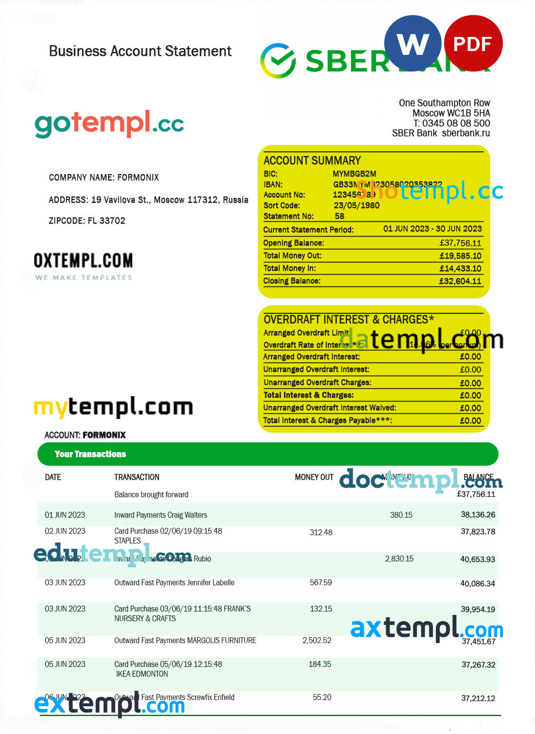 editable template, SBERBANK Bank enterprise checking account statement Word and PDF template
