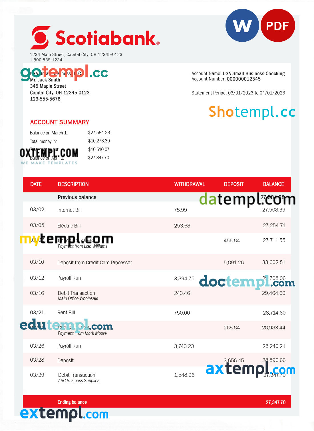 editable template, SCOTIABANK Bank organization statement Word and PDF template