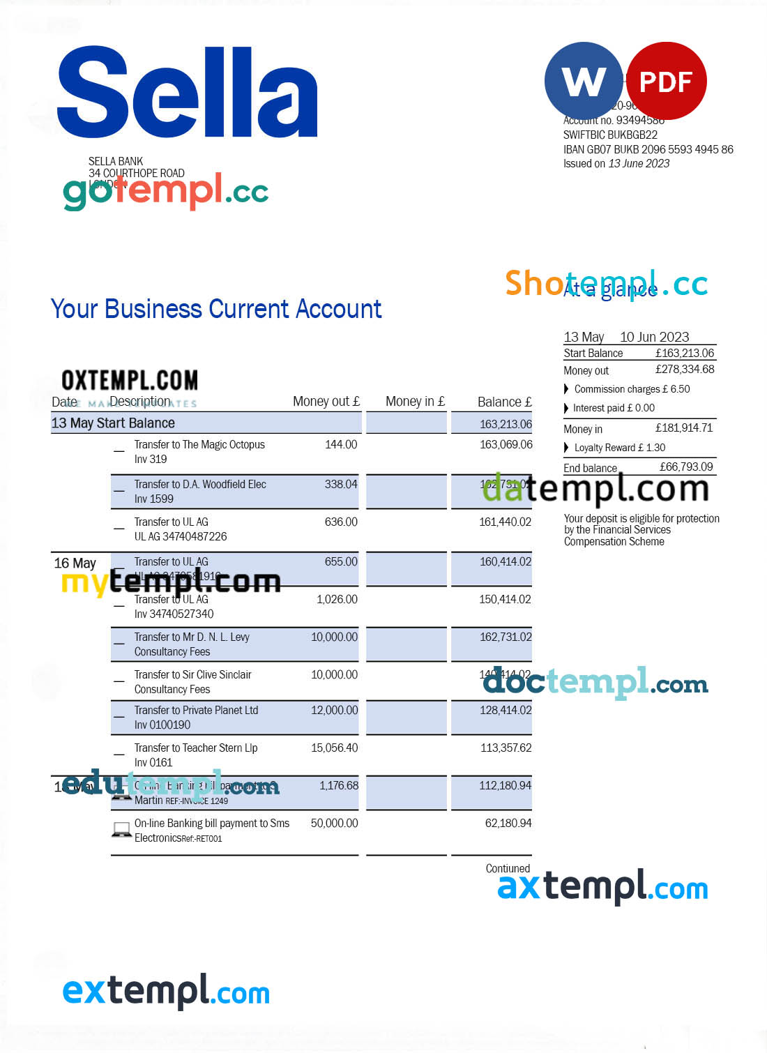editable template, Sella Bank business checking account statement Word and PDF template