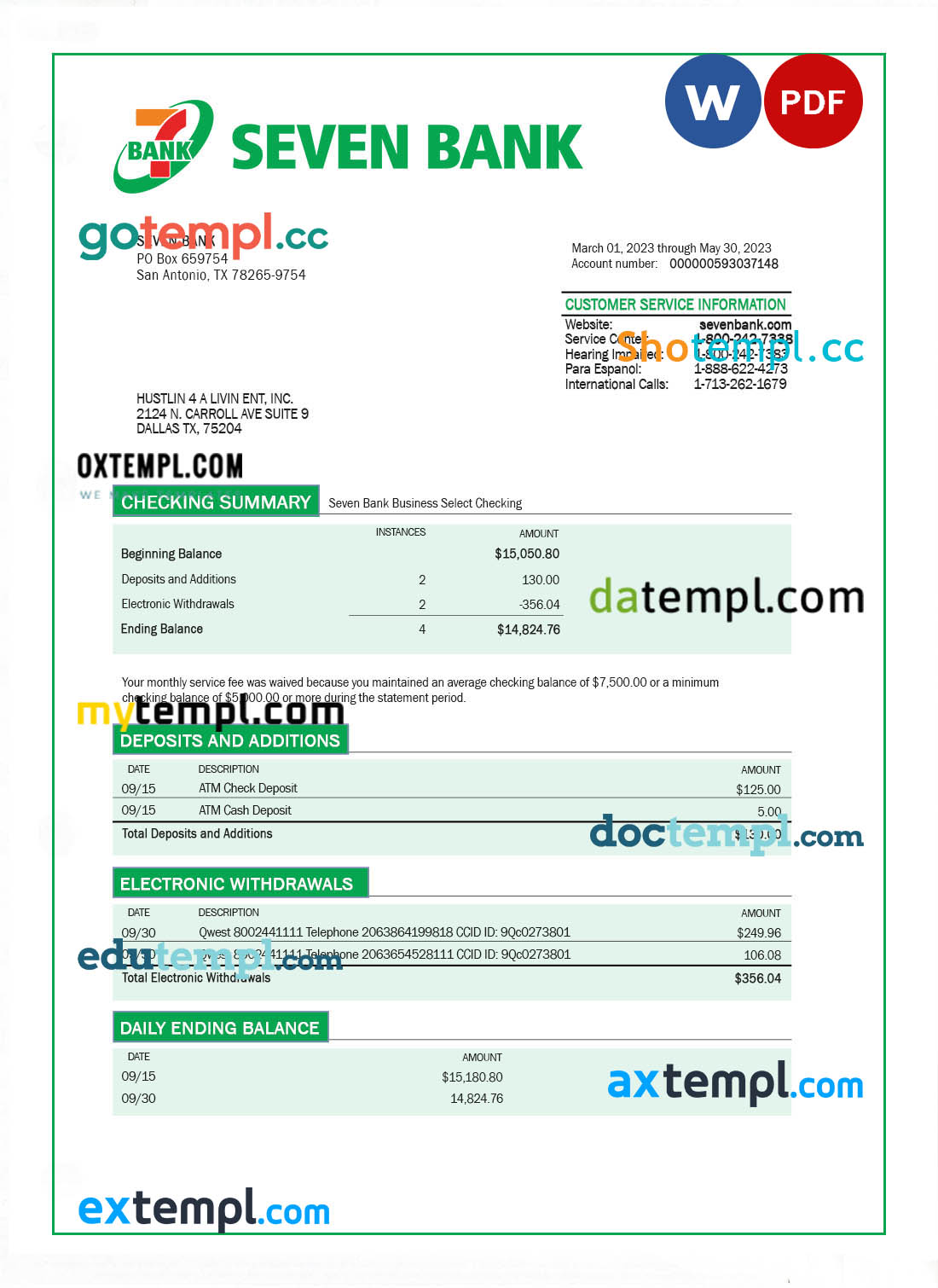 editable template, Seven Bank company checking account statement Word and PDF template