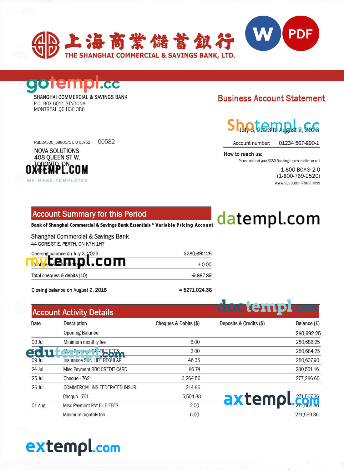 editable template, Shanghai Commercial & Savings Bank firm account statement Word and PDF template