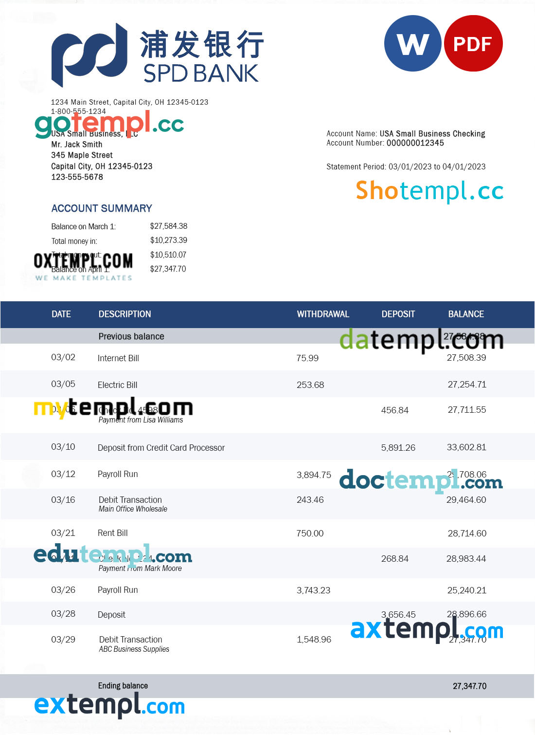 editable template, SHANGHAI Pudong Development business bank statement Word and PDF template