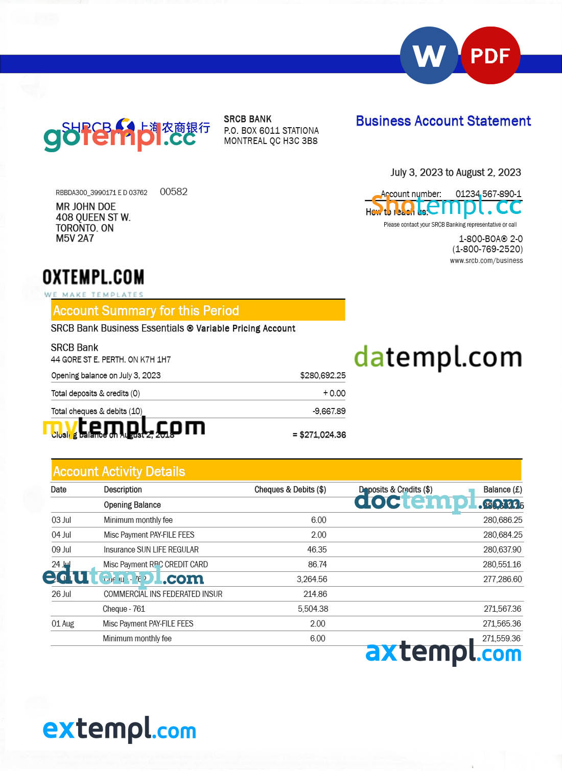 editable template, SHANGHAI Rural Commercial Bank enterprise statement Word and PDF template