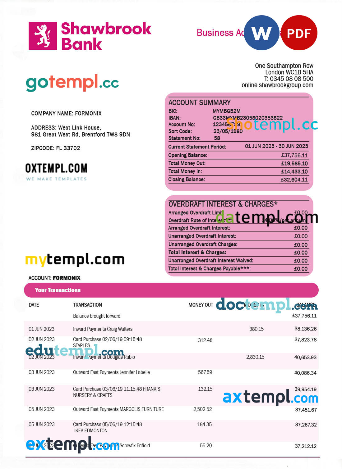 editable template, Shawbrook Group enterprise account statement Word and PDF template