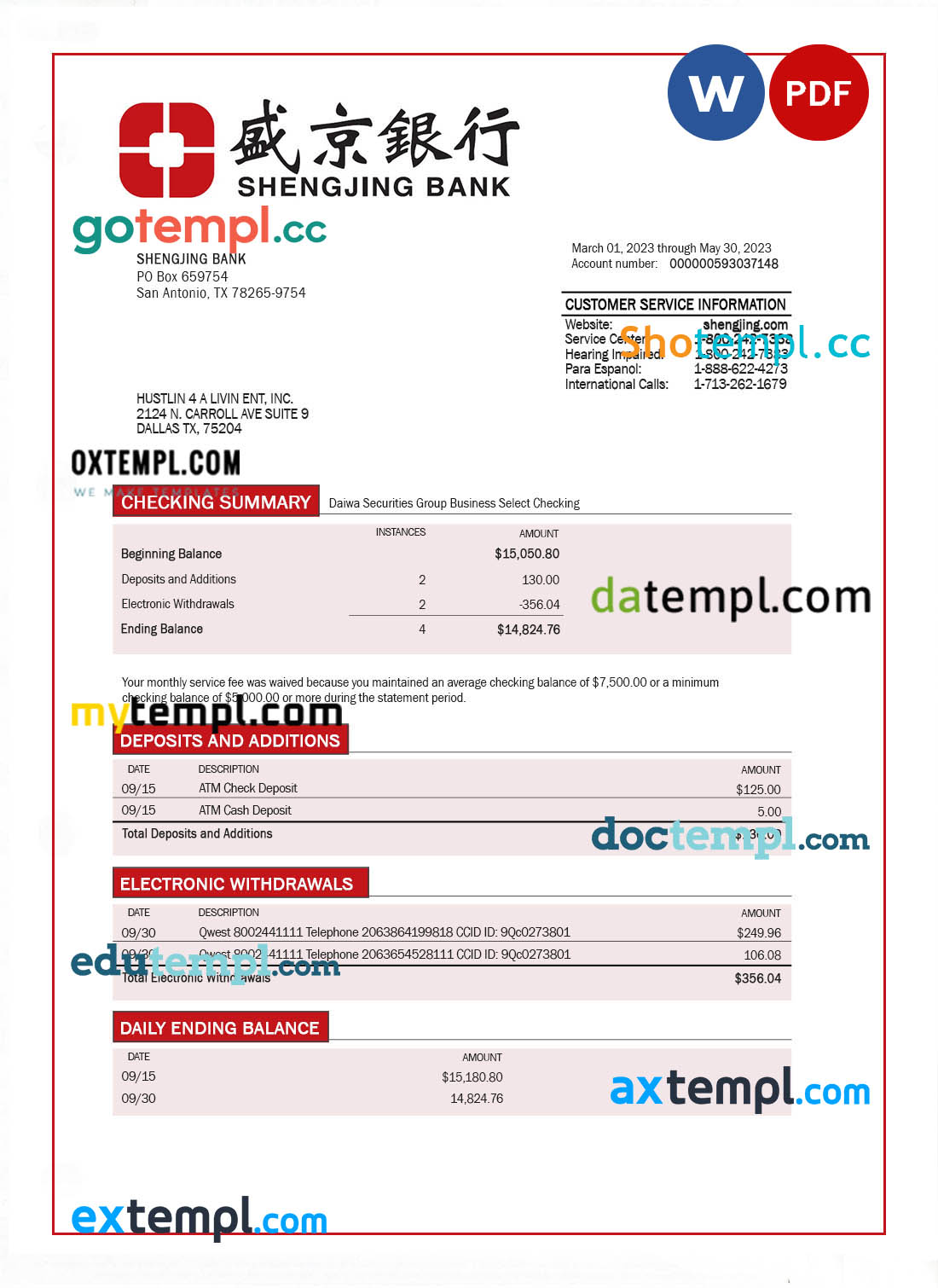 editable template, Shengjing Bank company checking account statement Word and PDF template