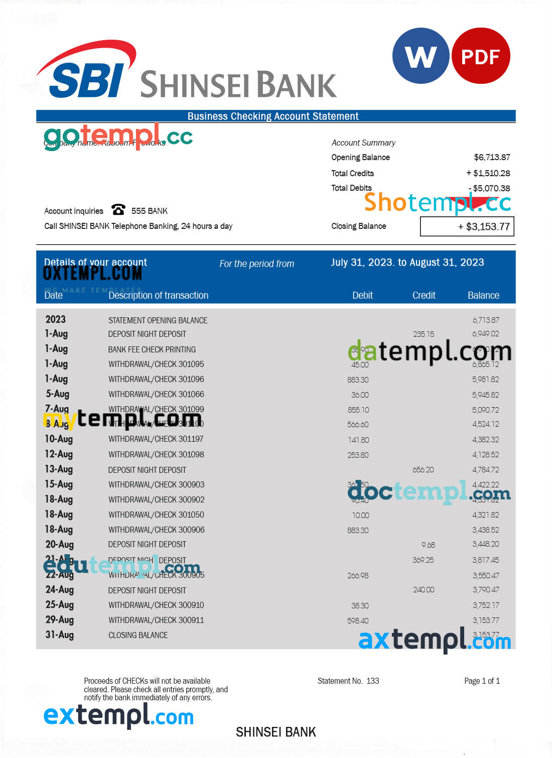 editable template, Shinsei Bank business statement Word and PDF template