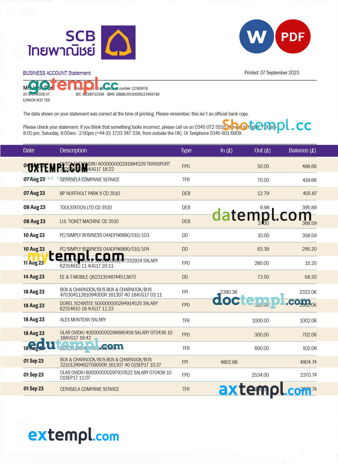 editable template, SIAM Commerical Bank enterprise statement Word and PDF template