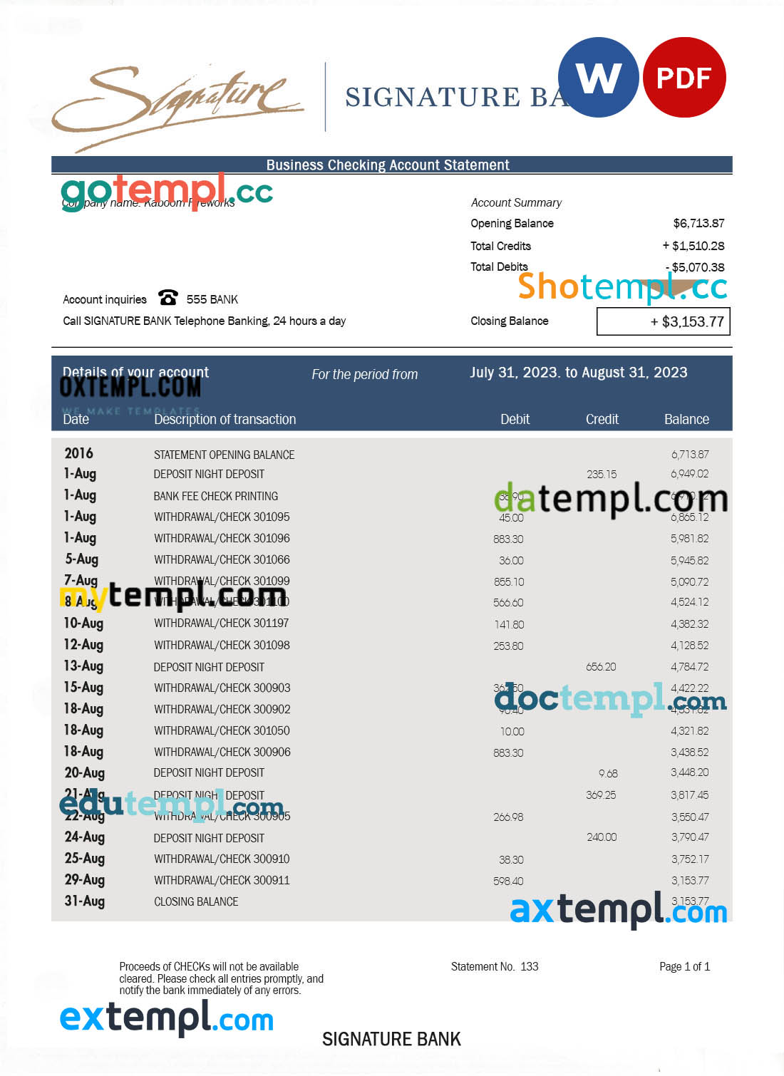 editable template, SIGNATURE Bank enterprise statement Word and PDF template