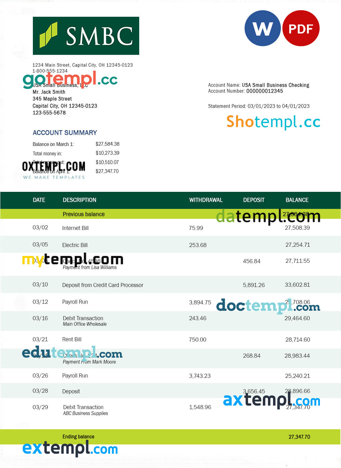 editable template, SMBC Bank firm account statement Word and PDF template