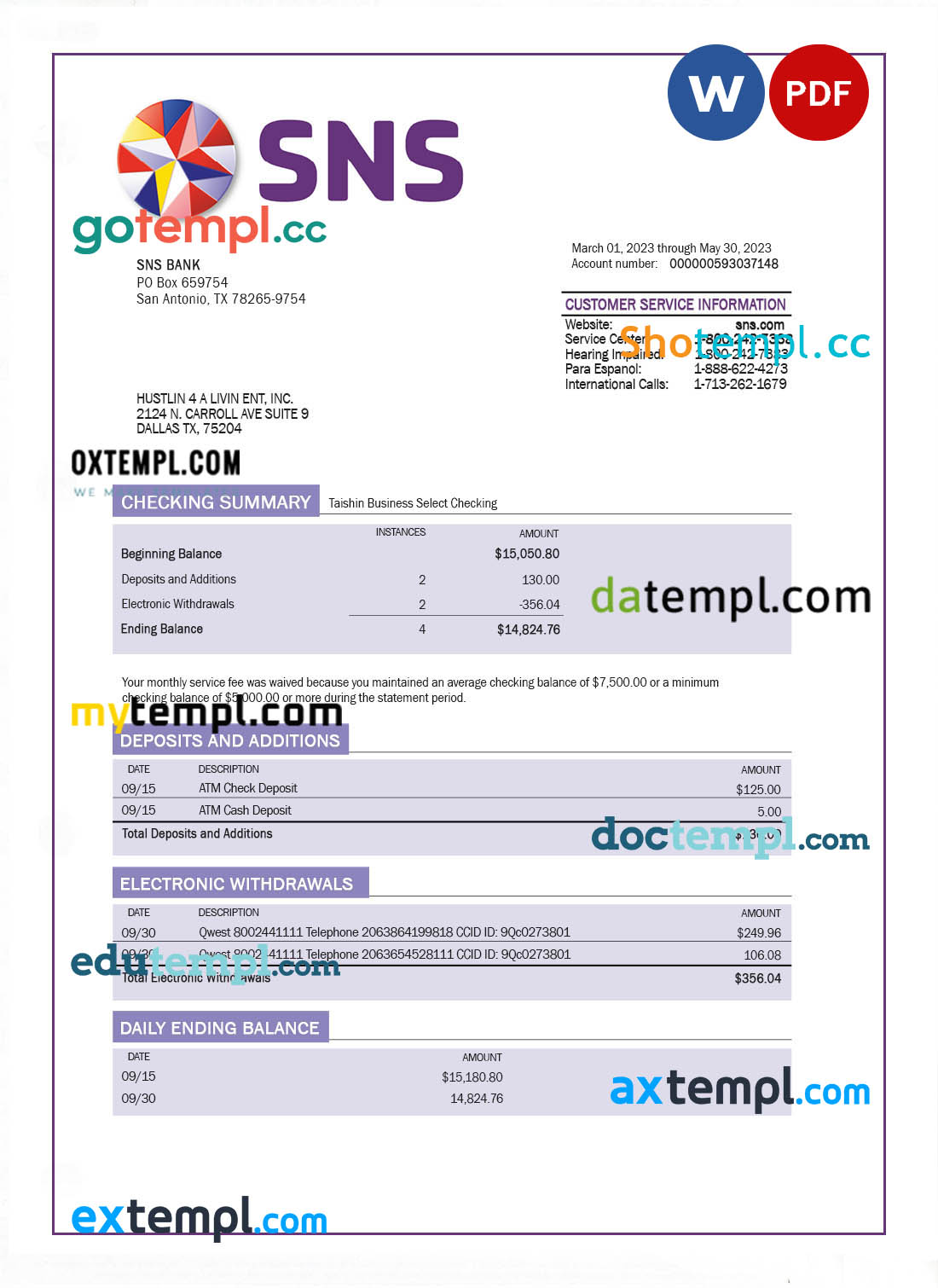 editable template, SNS Bank enterprise account statement Word and PDF template
