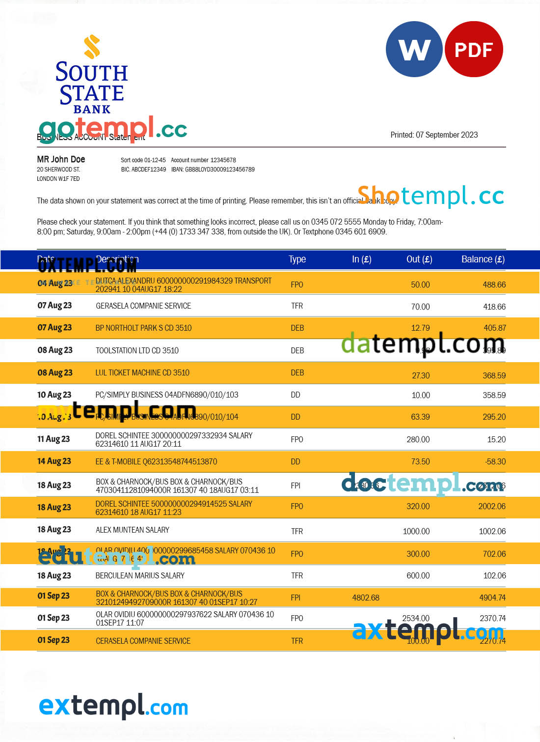editable template, SOUTH State Bank company statement Word and PDF template