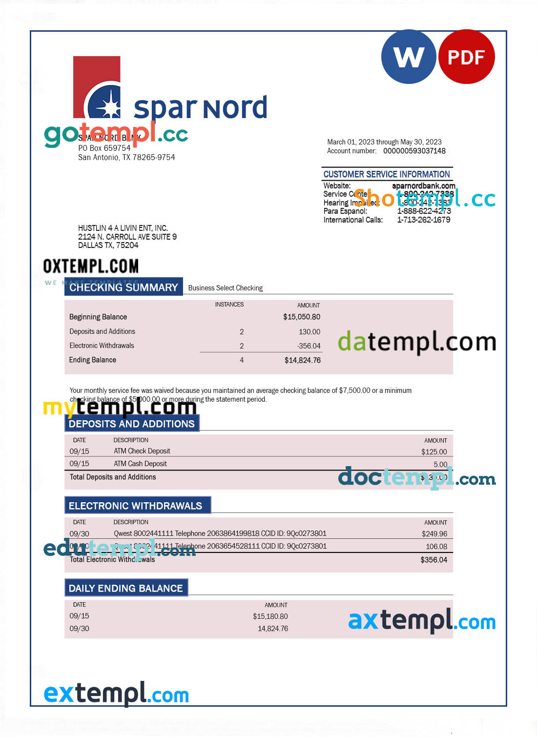editable template, Spar Nord Bank company checking account statement Word and PDF template