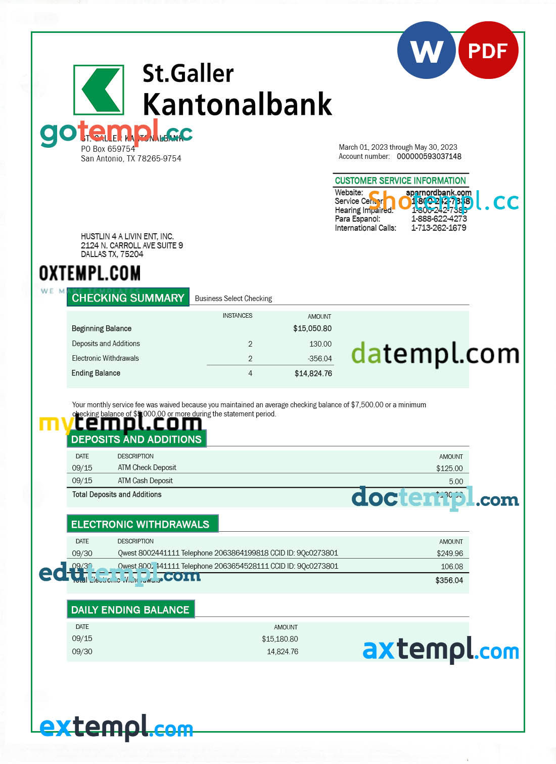 editable template, ST. Galler Kantonalbank organization checking account statement Word and PDF template