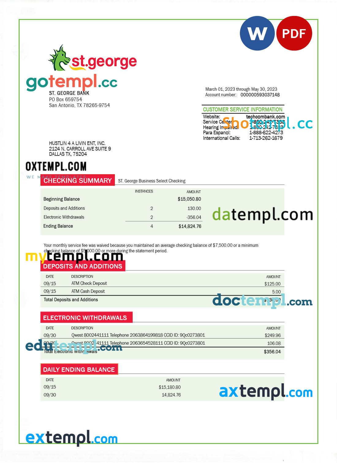 editable template, ST. George Bank organization statement Word and PDF template