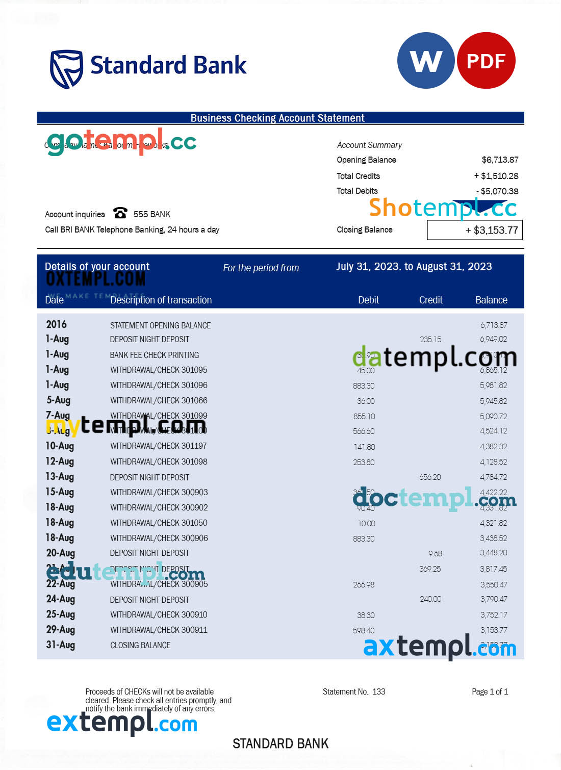 editable template, STANDARD Bank organization statement Word and PDF template