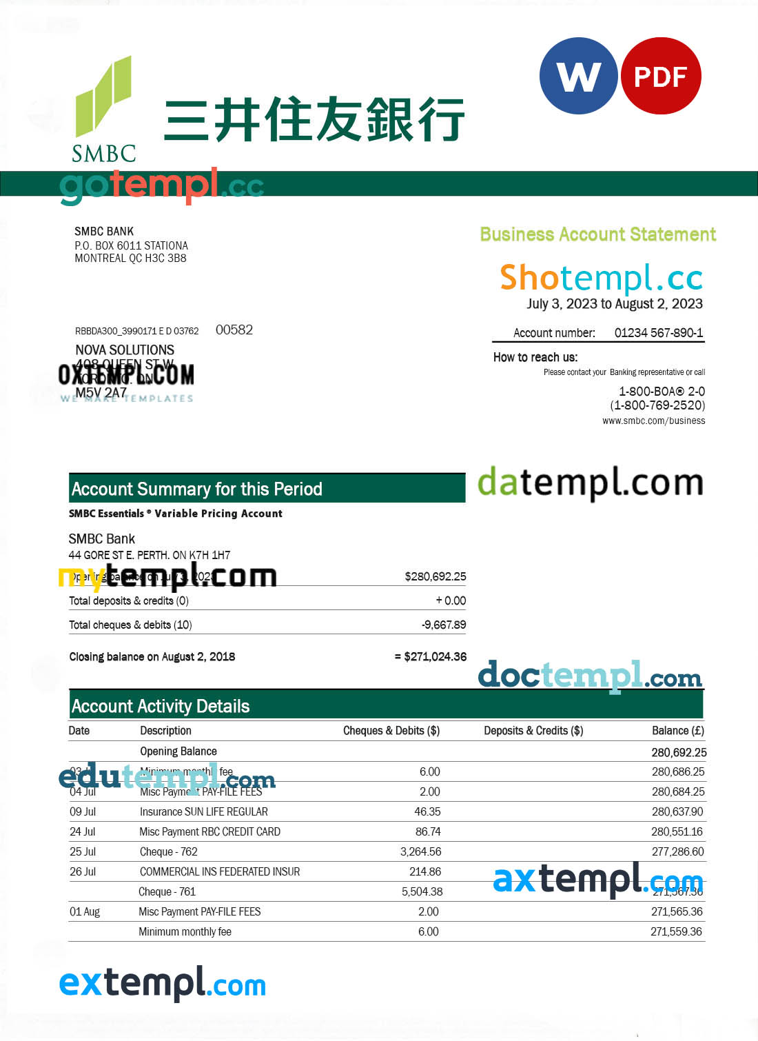 editable template, Sumitomo Mitsui Financial Group enterprise account statement Word and PDF template