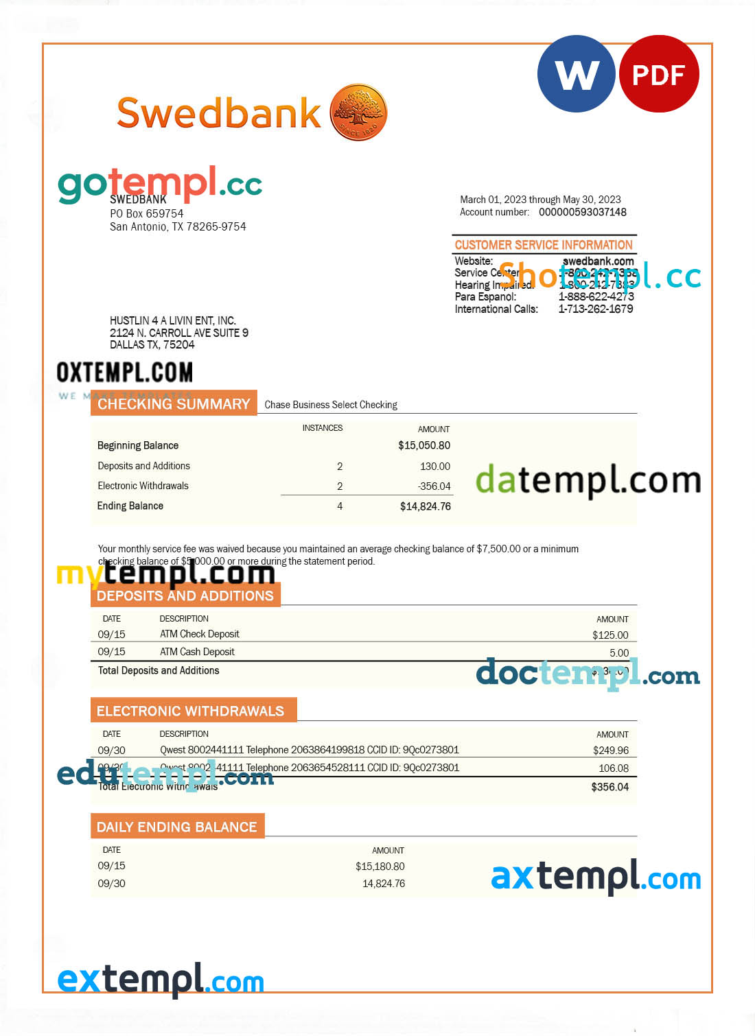 editable template, SWEDBANK business checking account statement Word and PDF template