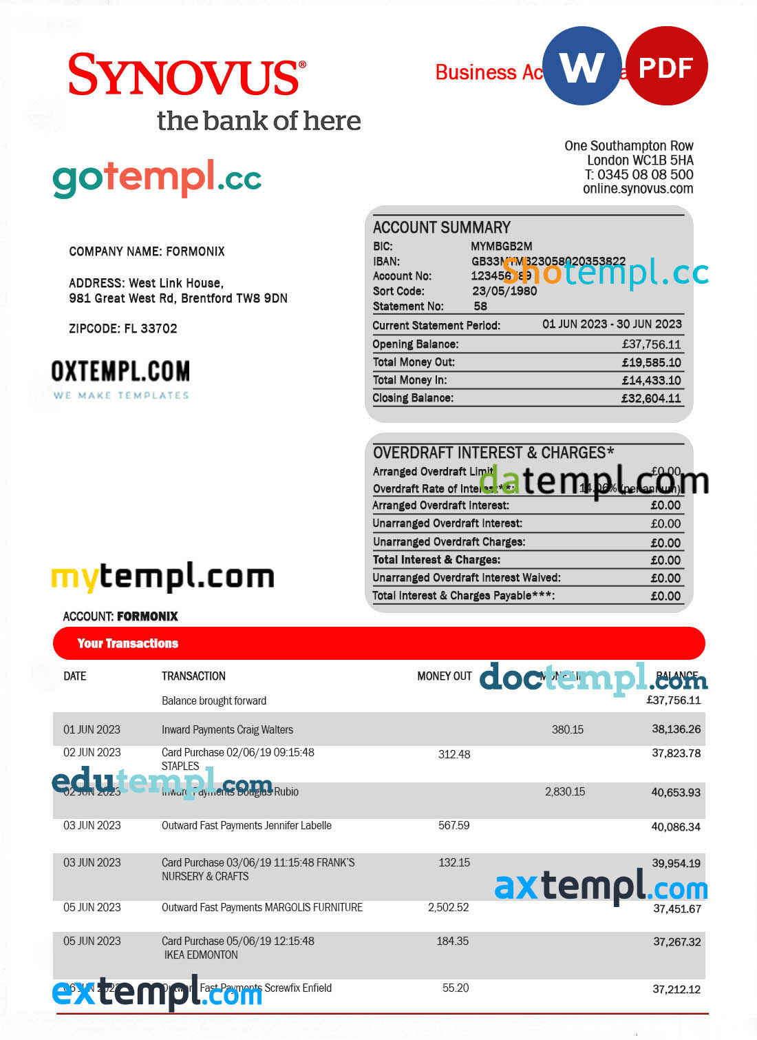 editable template, SYNOVUS Bank enterprise statement Word and PDF template