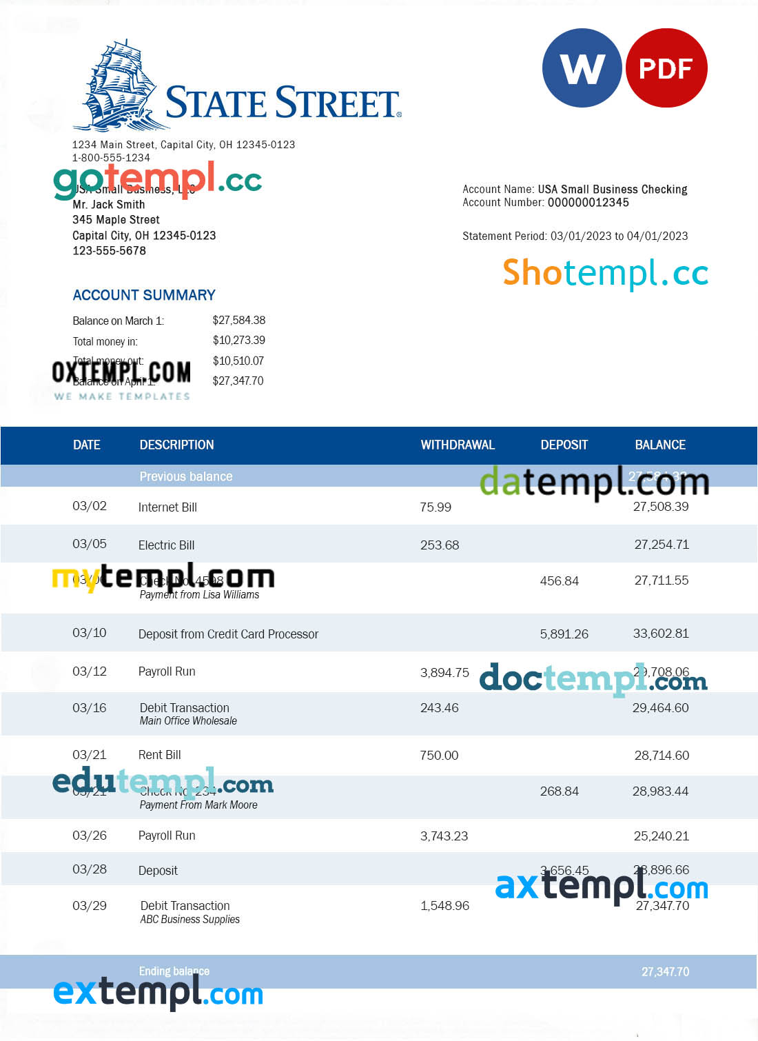 editable template, STATE Street Bank organization bank statement Word and PDF template