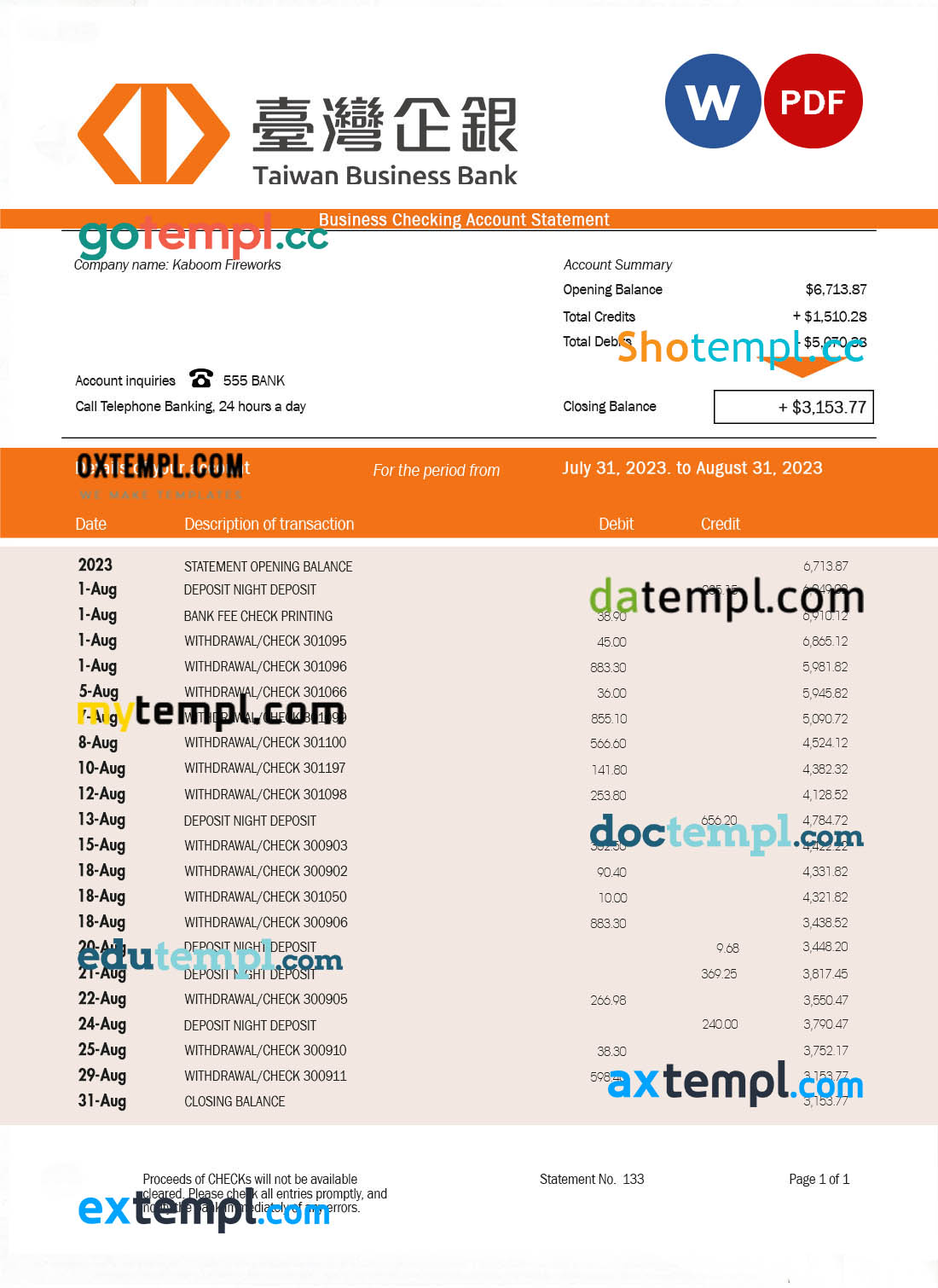 editable template, Taiwan Business Bank statement Word and PDF template
